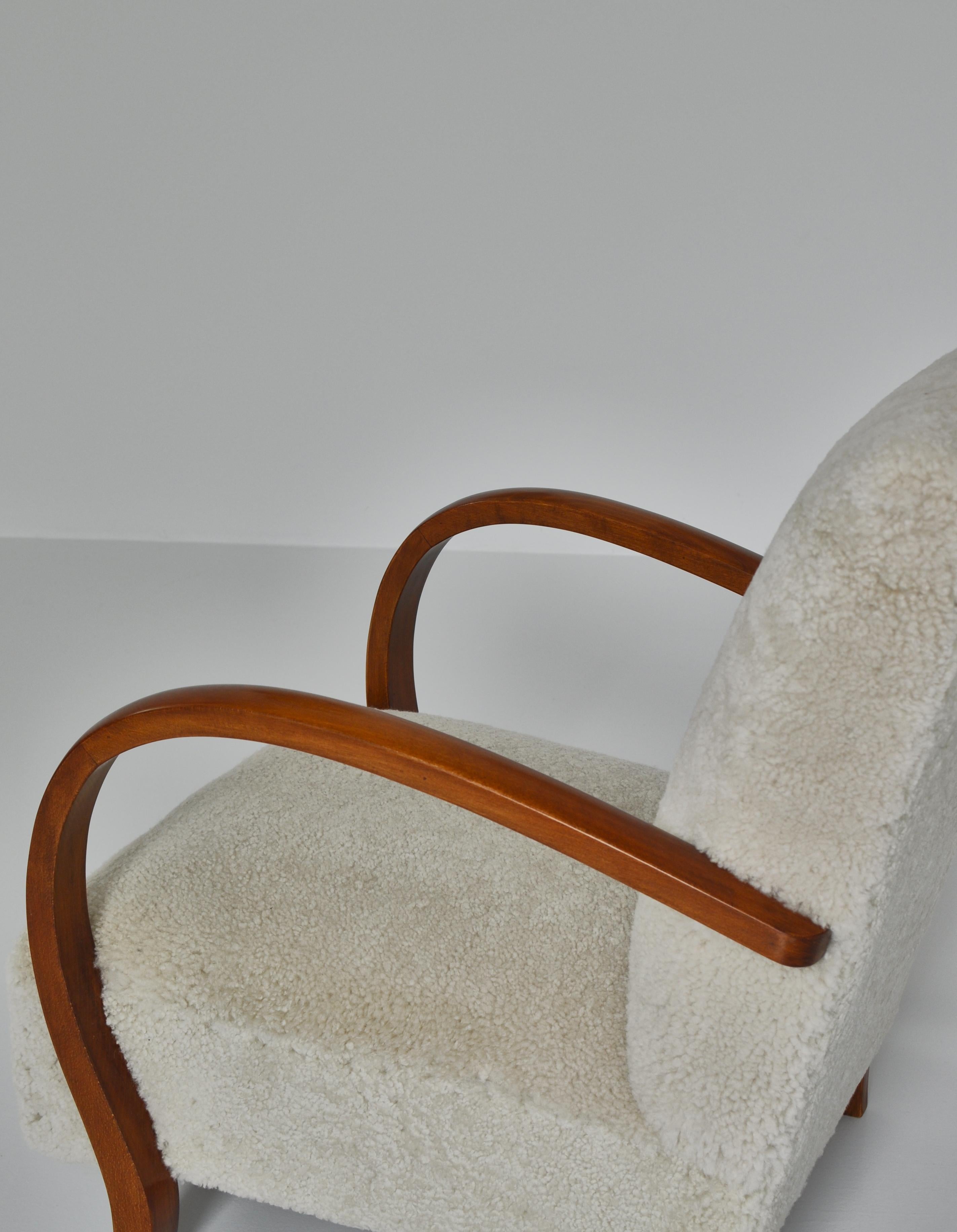 Art Deco Lounge Chairs in White Sheepskin and Stained Beech, Denmark, 1930s 7