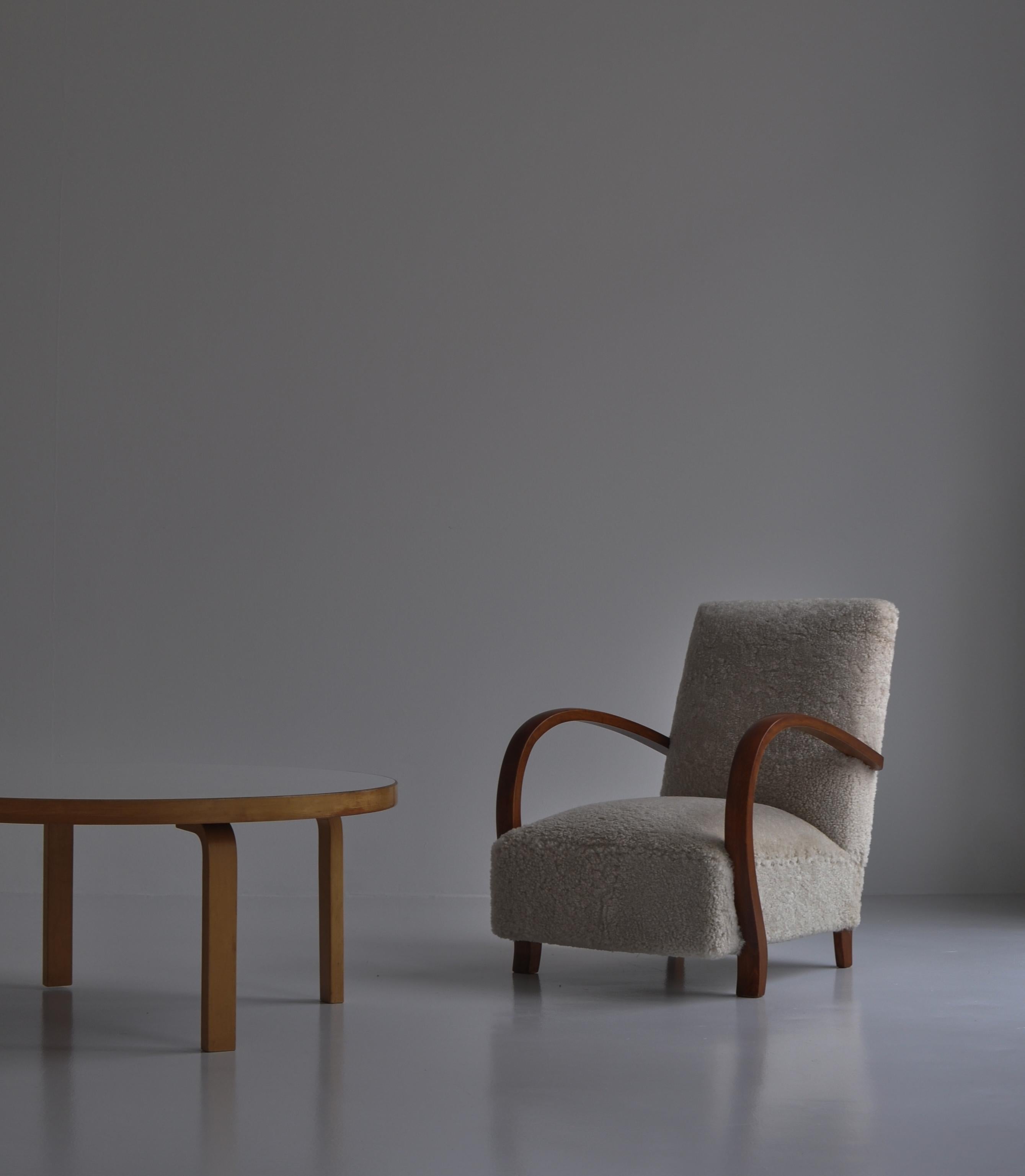 Art Deco Lounge Chairs in White Sheepskin and Stained Beech, Denmark, 1930s 9