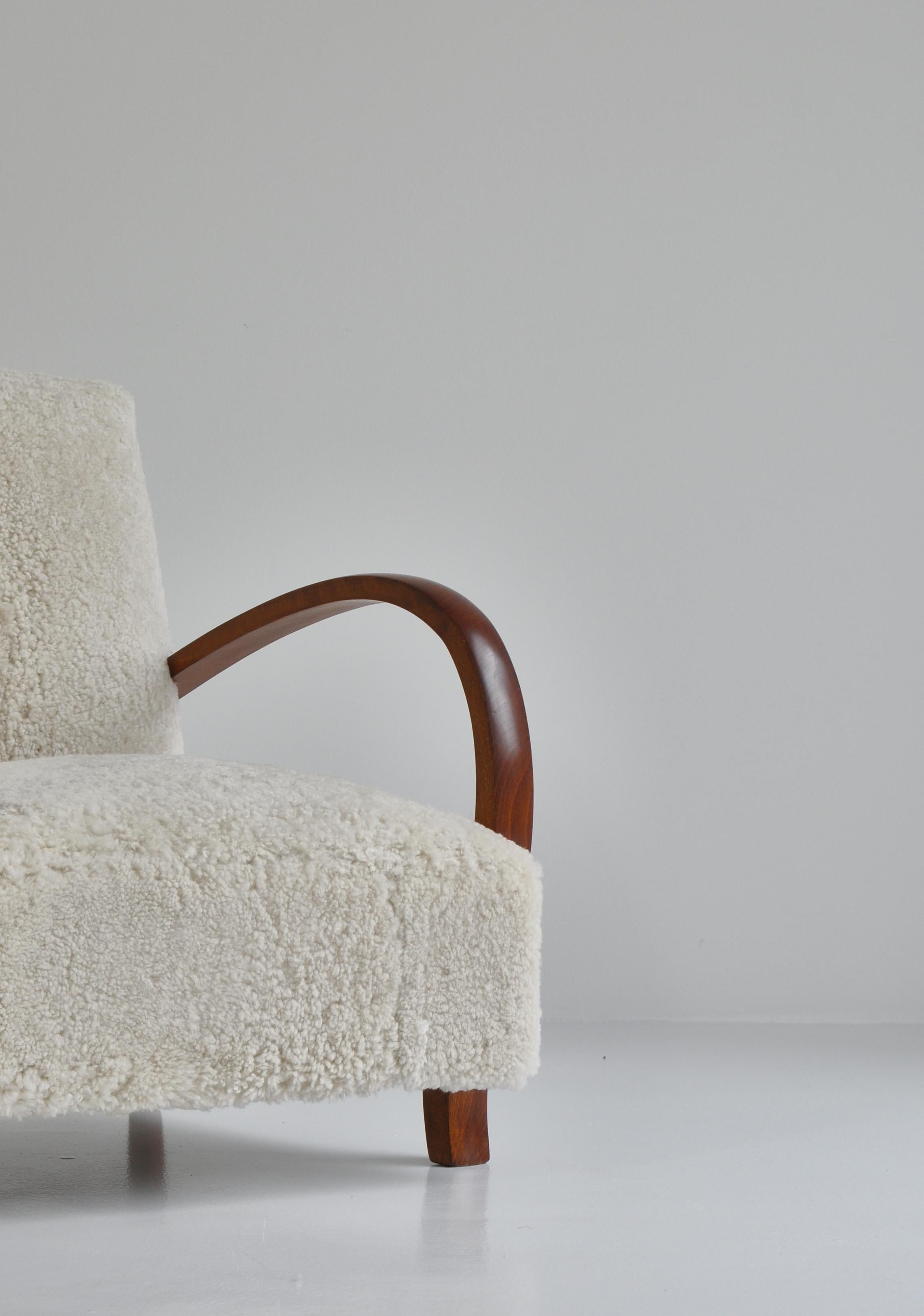 Art Deco Lounge Chairs in White Sheepskin and Stained Beech, Denmark, 1930s 1