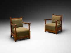 Art Deco Lounge Chairs with Oak Slatted Frame and Olive Green Fabric