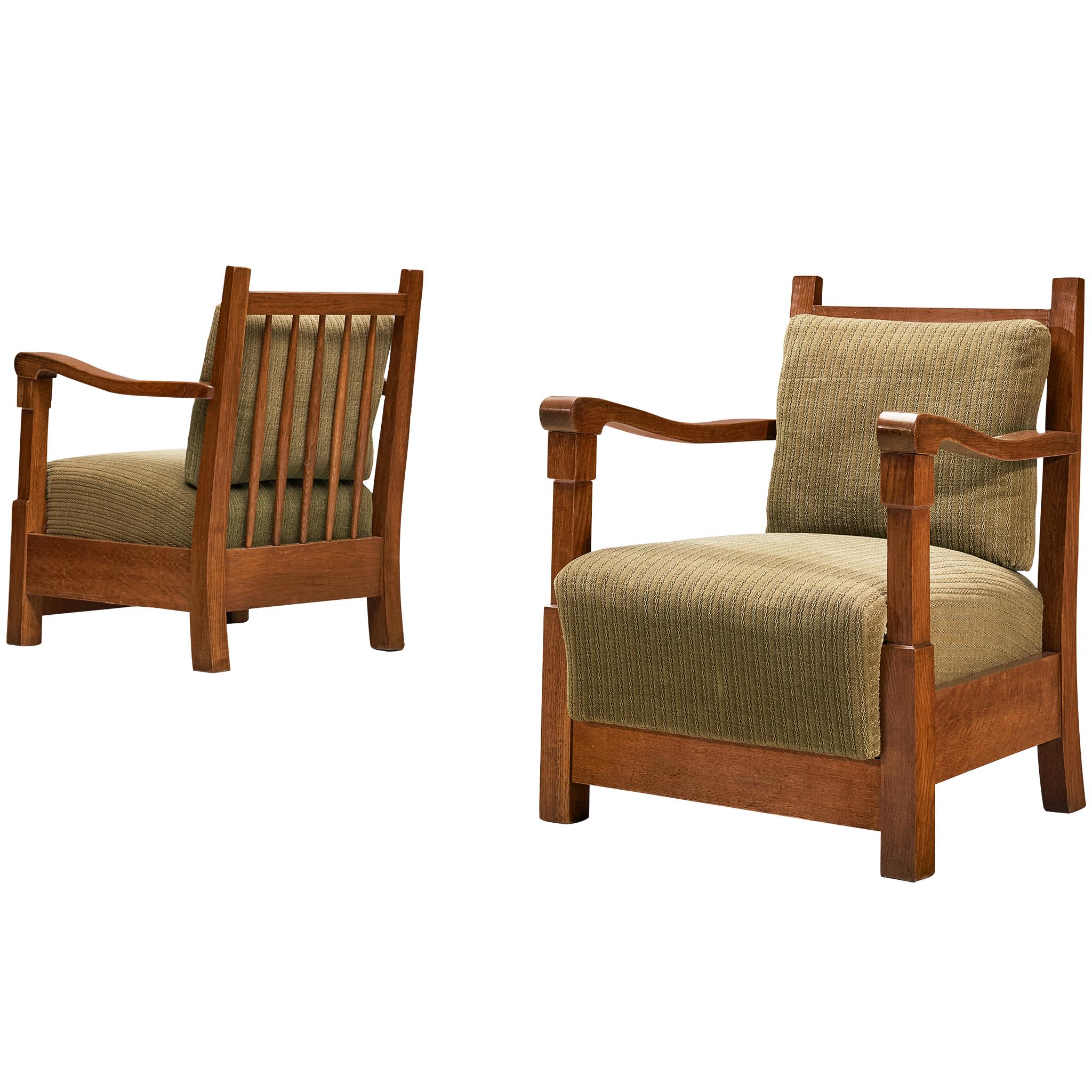 Art Deco Lounge Chairs with Oak Slatted Frame and Olive Green Fabric For Sale