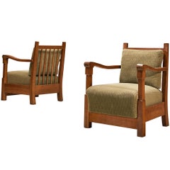 Art Deco Lounge Chairs with Oak Slatted Frame and Olive Green Fabric