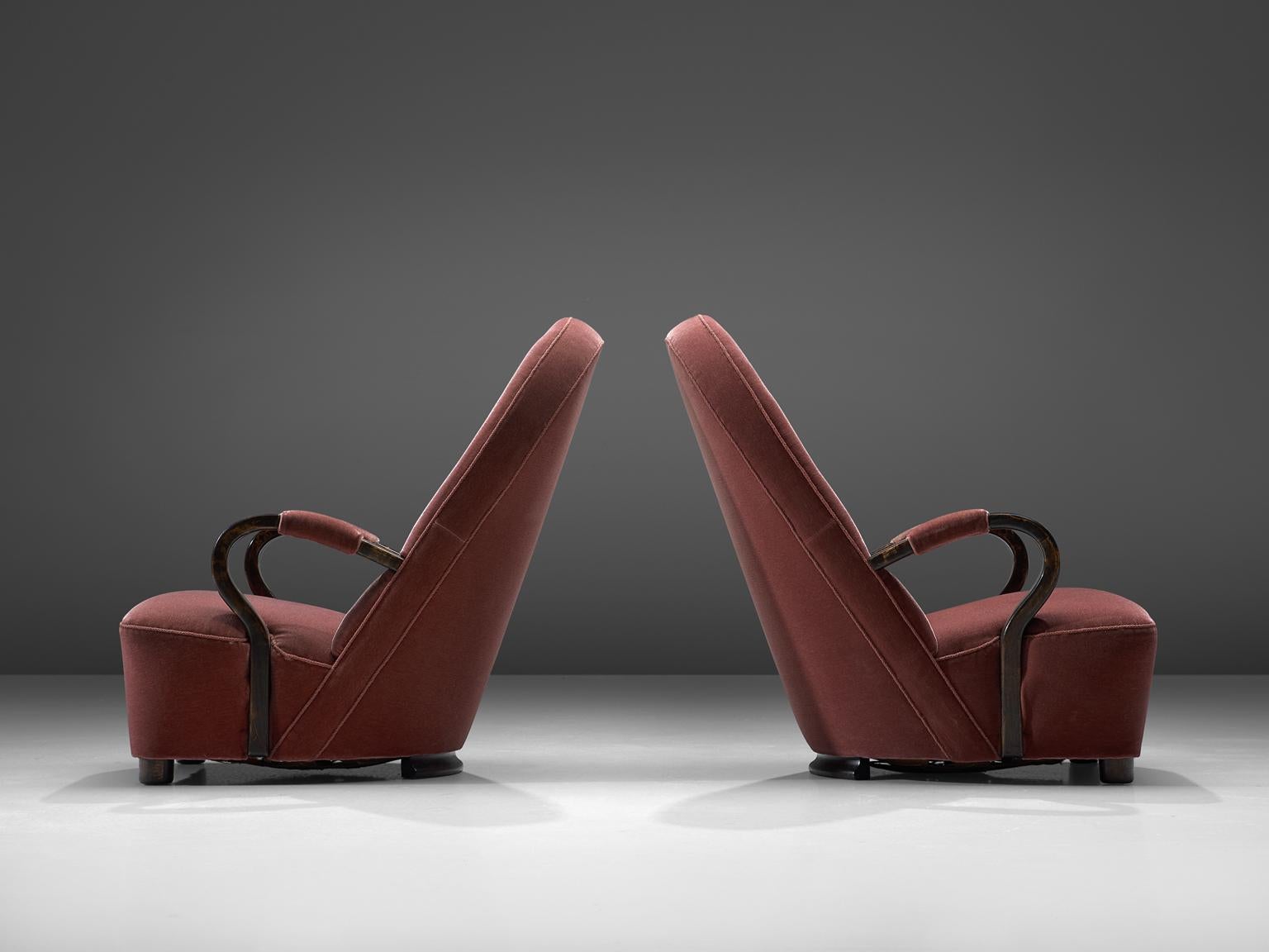French Art Deco Lounge Chairs with Red Upholstery