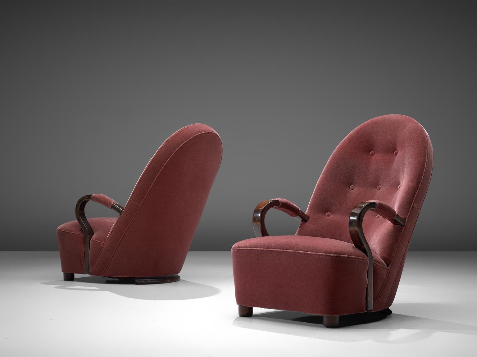 Stained Art Deco Lounge Chairs with Red Upholstery