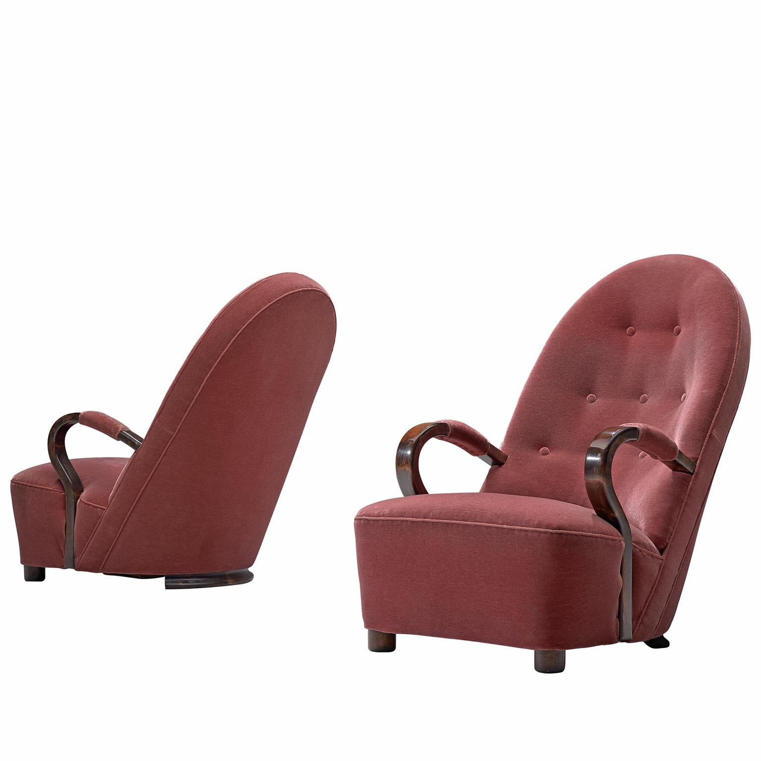 Art Deco Lounge Chairs with Red Upholstery
