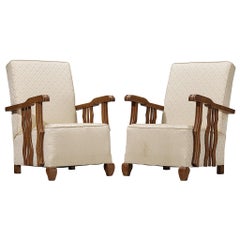 Art Deco Lounge Chairs with Sculptural Oak Wood Arms