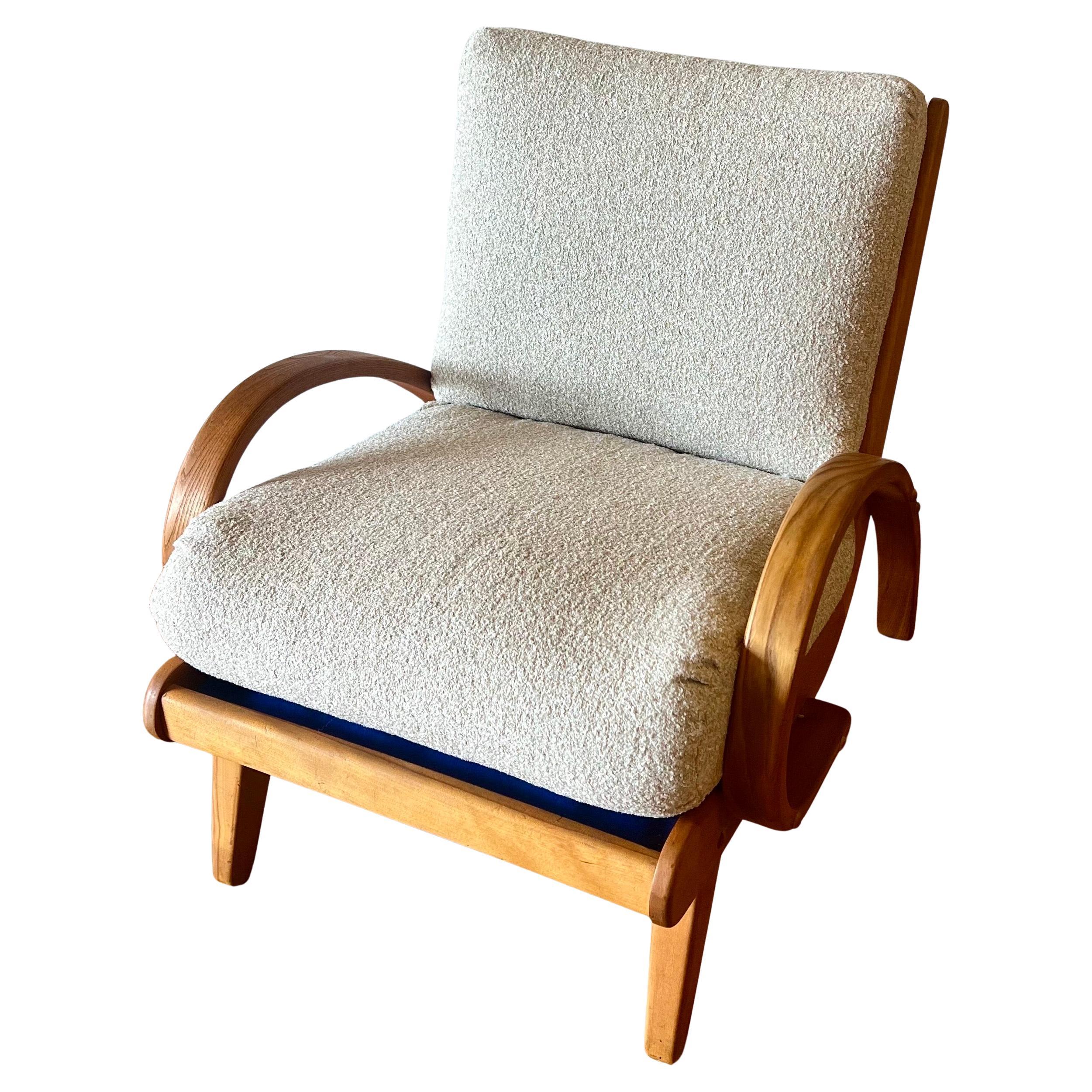 20th Century Art Deco Lounge Low Armchair Spring Cushions New Upholstery Solid Maple