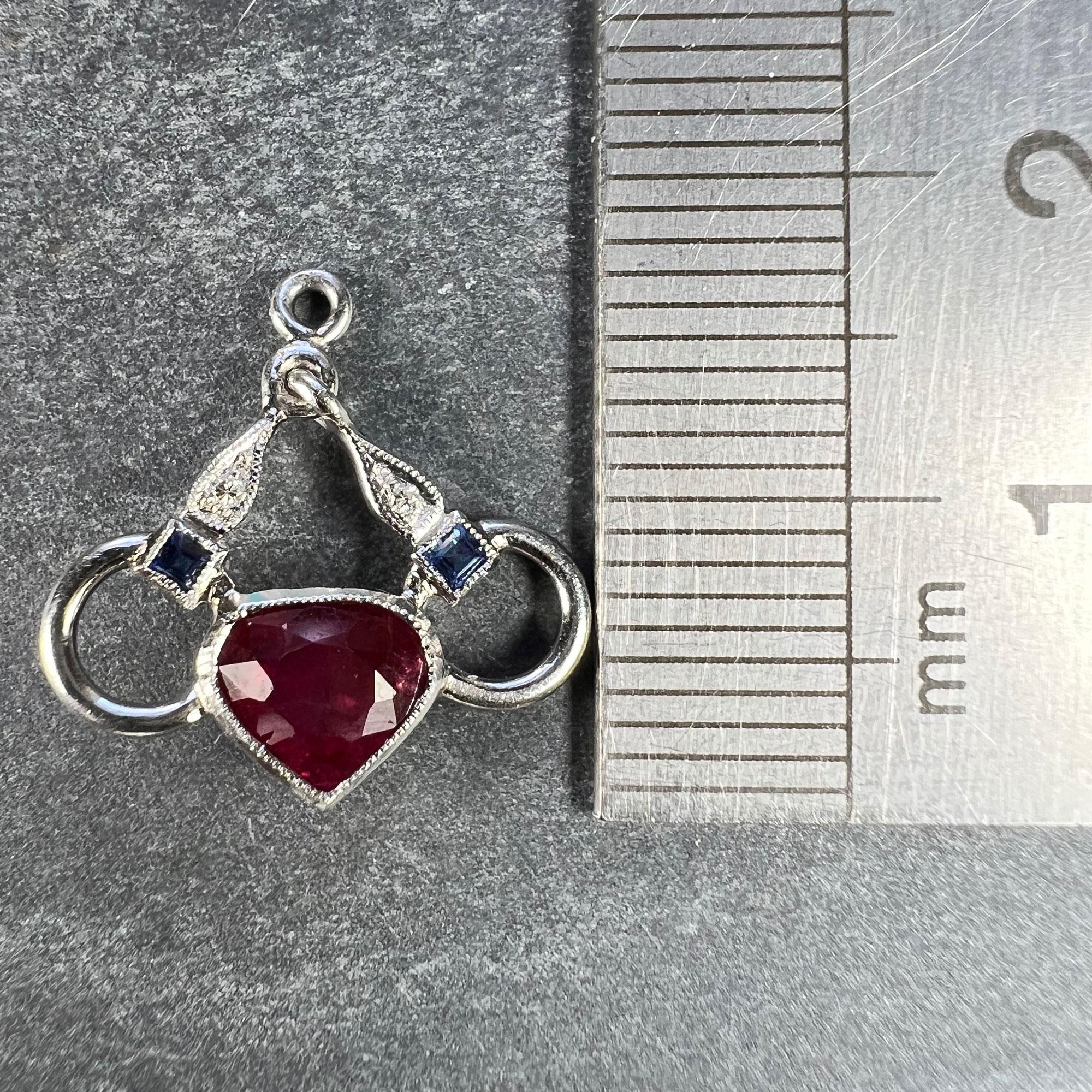 Art Deco Love Heart Snaffle Bit Platinum Diamond Sapphire Ruby Charm Pendant For Sale 5