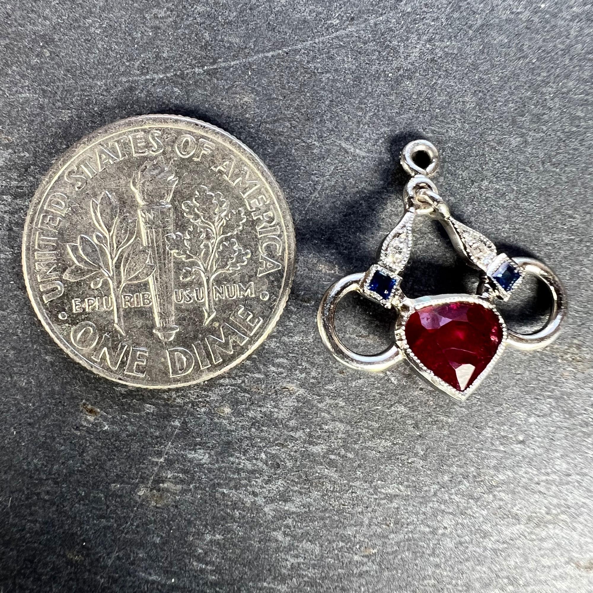 Art Deco Love Heart Snaffle Bit Platinum Diamond Sapphire Ruby Charm Pendant For Sale 6