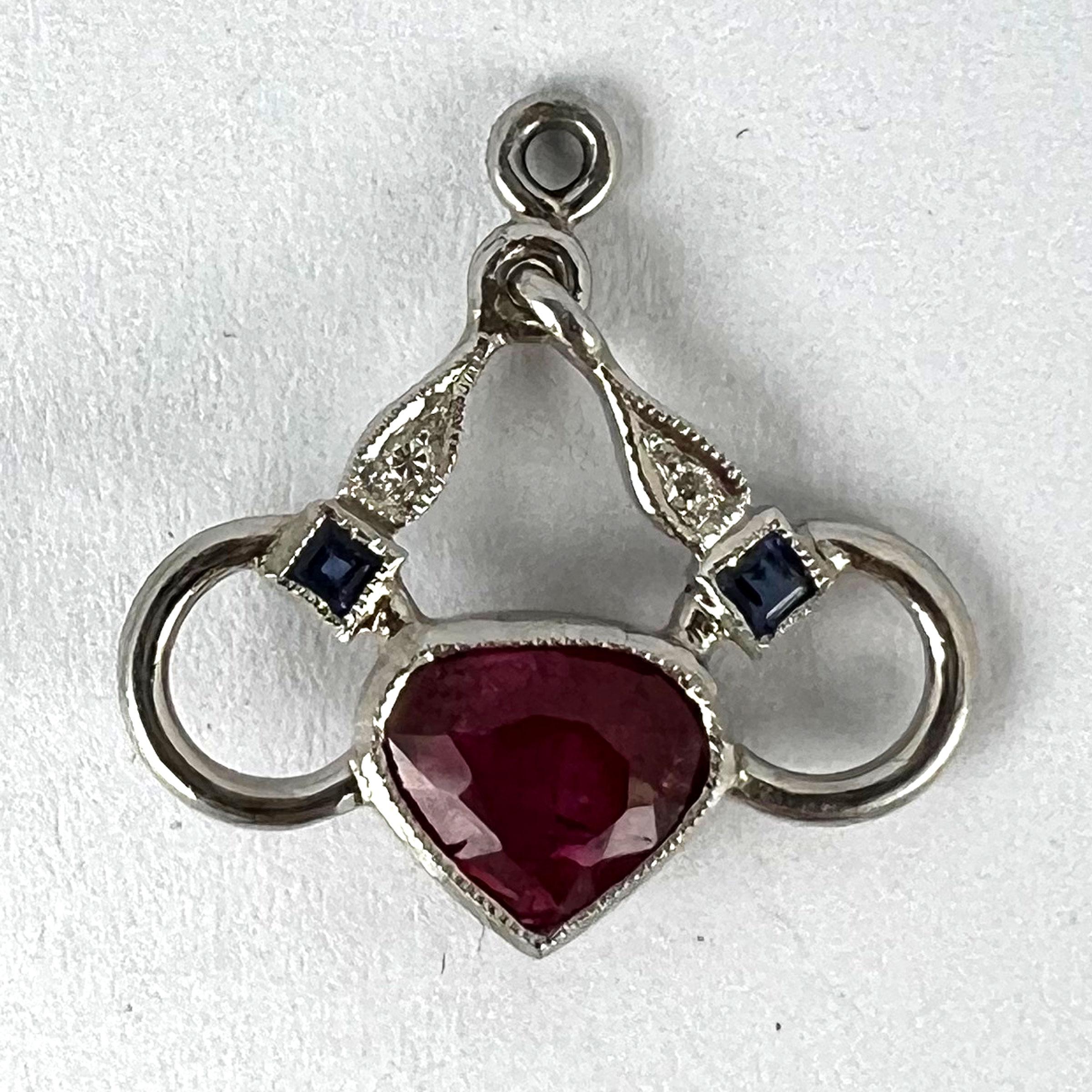 Art Deco Love Heart Snaffle Bit Platinum Diamond Sapphire Ruby Charm Pendant For Sale 7