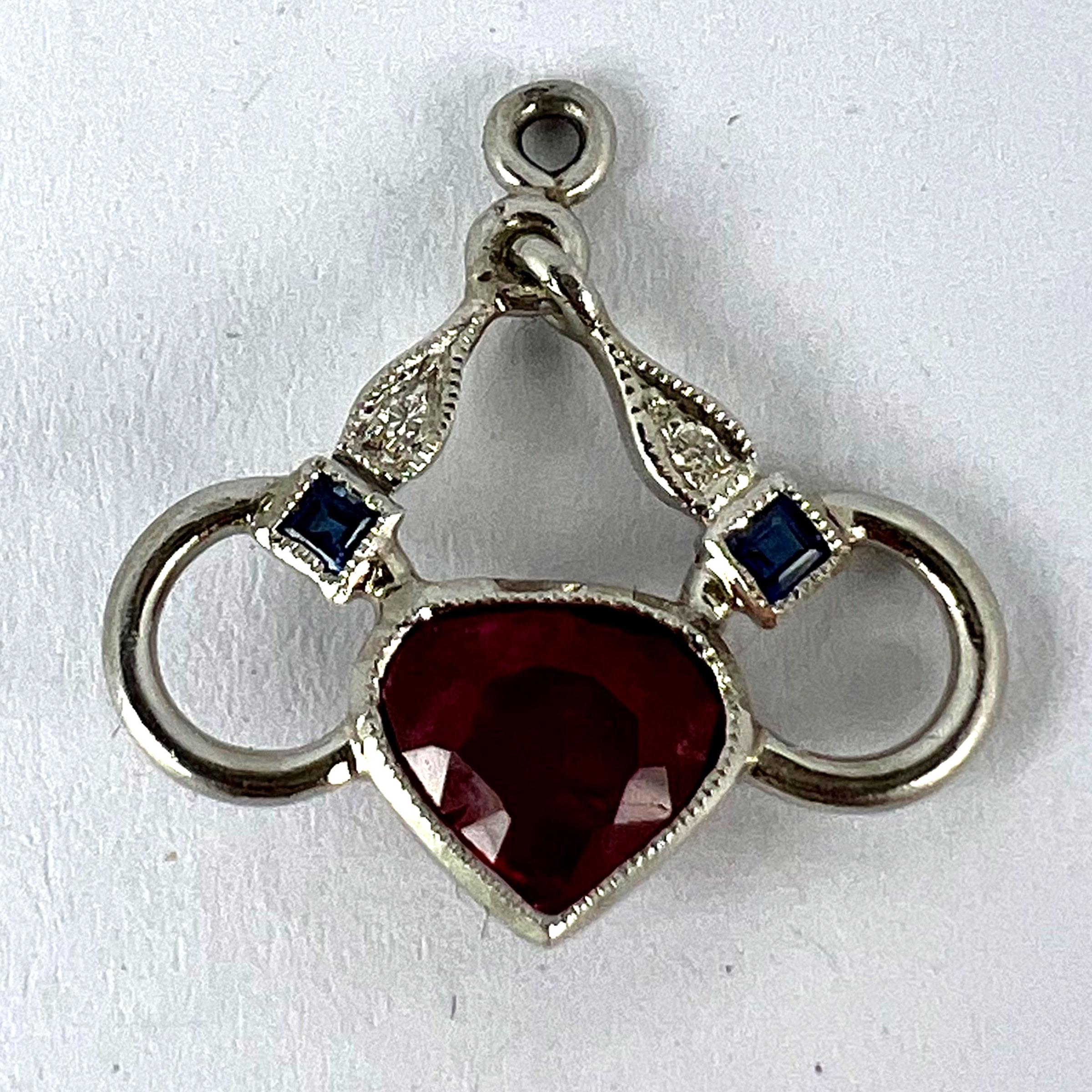 Art Deco Love Heart Snaffle Bit Platinum Diamond Sapphire Ruby Charm Pendant For Sale 8