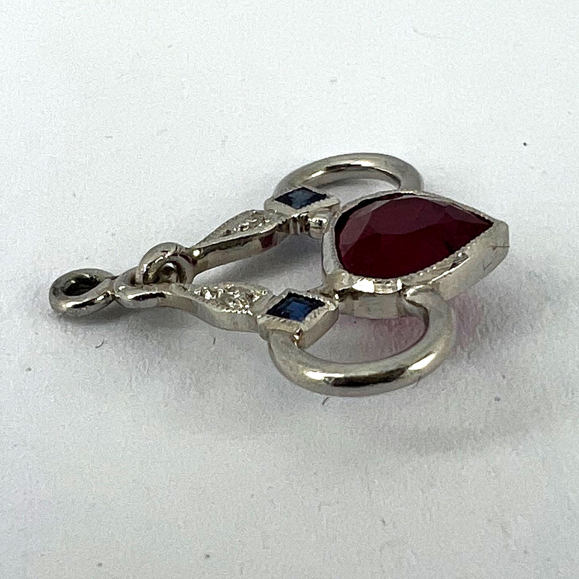 Art Deco Love Heart Snaffle Bit Platinum Diamond Sapphire Ruby Charm Pendant For Sale 11