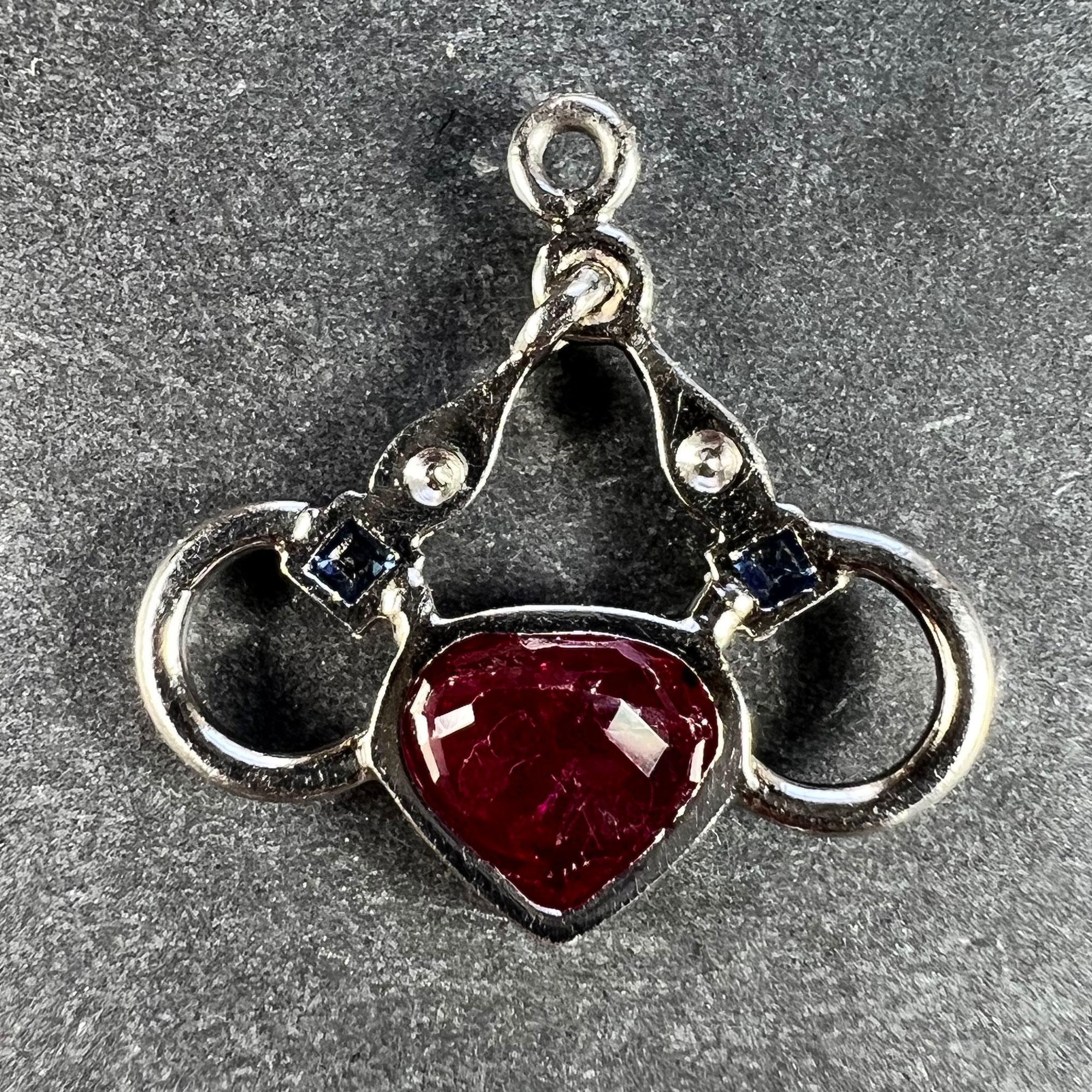 Heart Cut Art Deco Love Heart Snaffle Bit Platinum Diamond Sapphire Ruby Charm Pendant For Sale