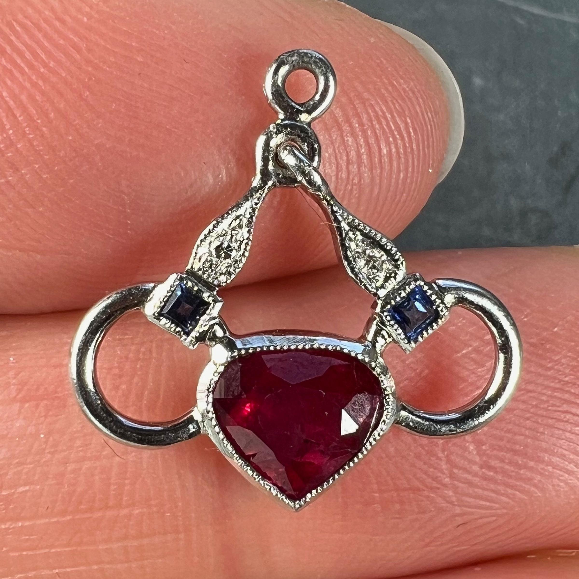 Women's or Men's Art Deco Love Heart Snaffle Bit Platinum Diamond Sapphire Ruby Charm Pendant For Sale