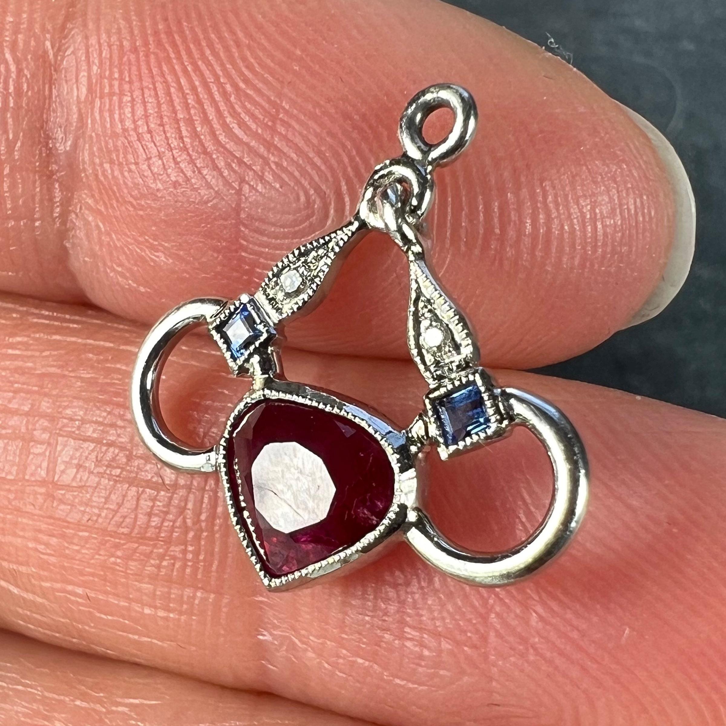 Art Deco Love Heart Snaffle Bit Platinum Diamond Sapphire Ruby Charm Pendant For Sale 1