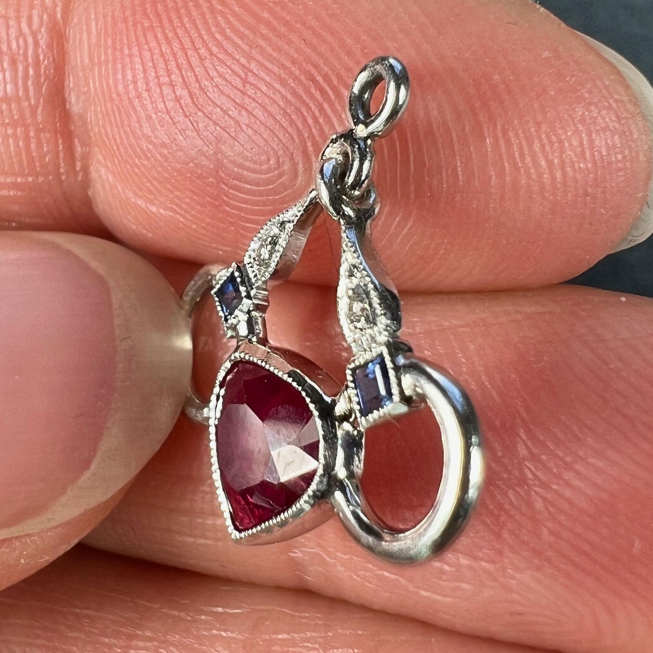 Art Deco Love Heart Snaffle Bit Platinum Diamond Sapphire Ruby Charm Pendant For Sale 2