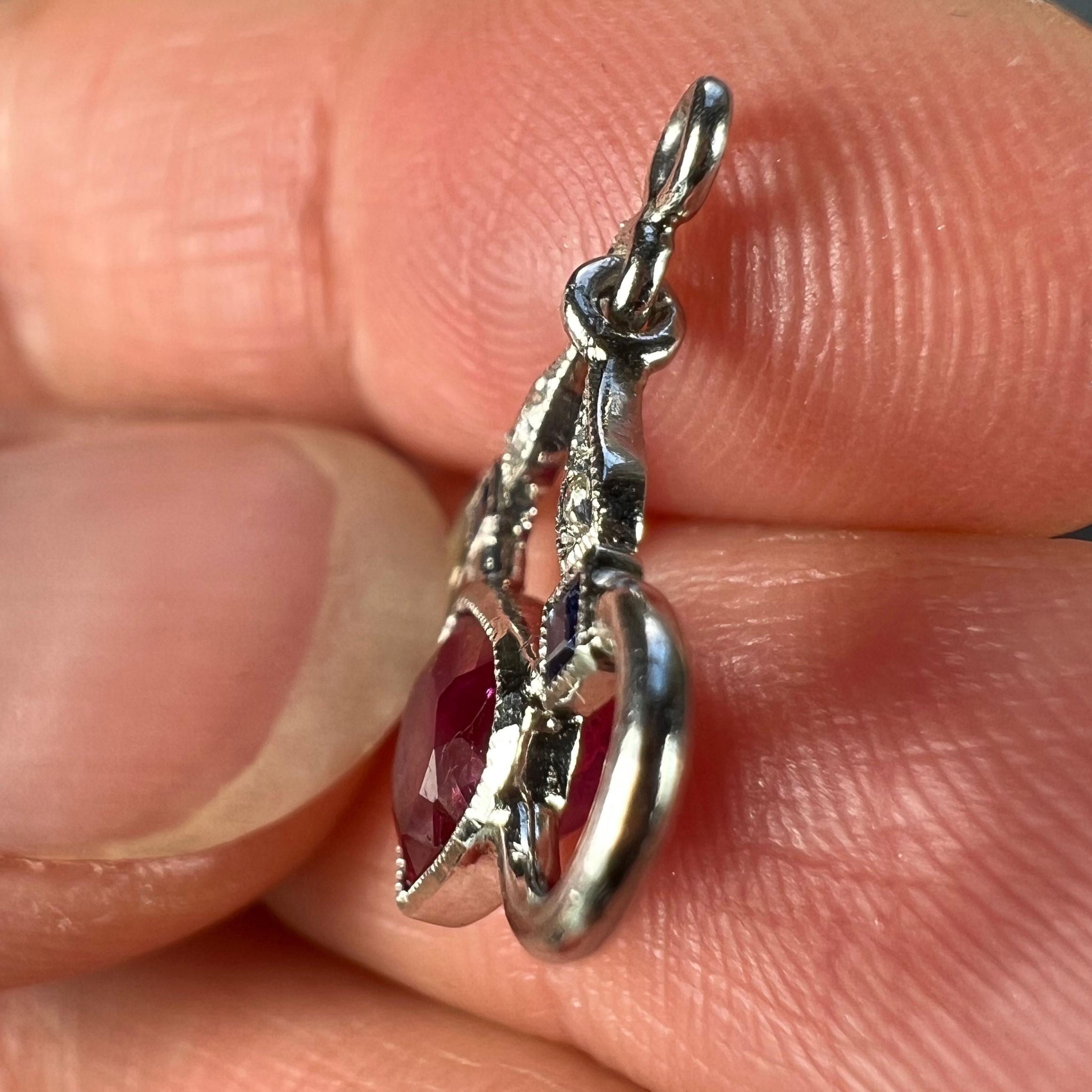 Art Deco Love Heart Snaffle Bit Platinum Diamond Sapphire Ruby Charm Pendant For Sale 3