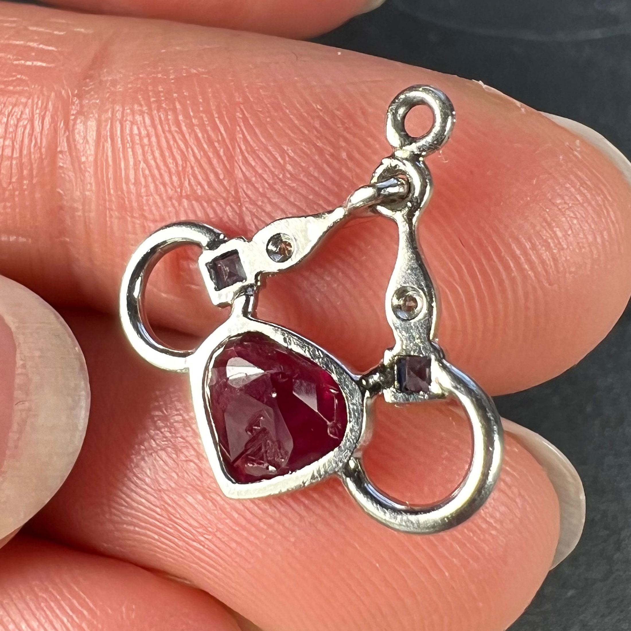 Art Deco Love Heart Snaffle Bit Platinum Diamond Sapphire Ruby Charm Pendant For Sale 4