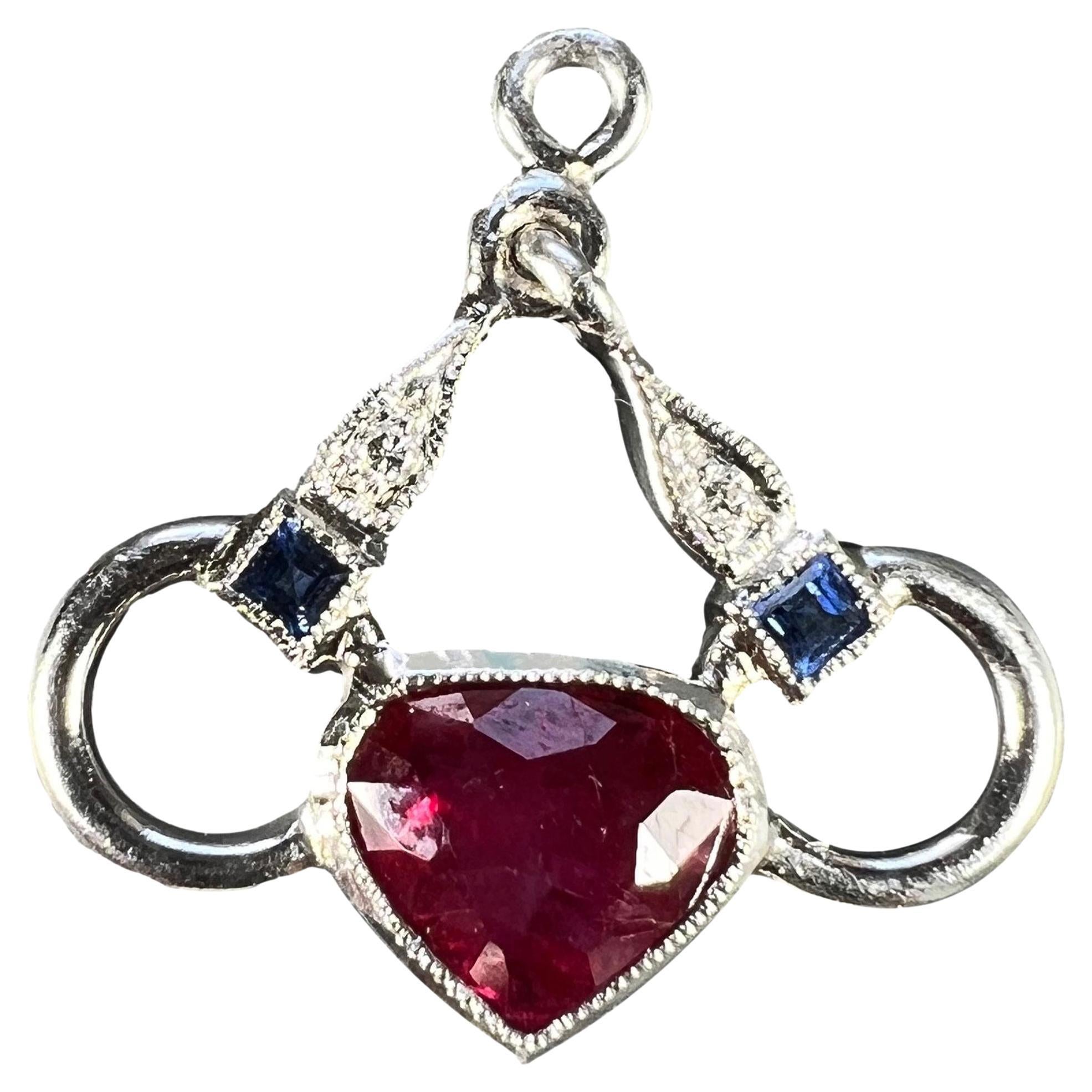 Art Deco Love Heart Snaffle Bit Platinum Diamond Sapphire Ruby Charm Pendant For Sale
