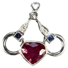 Used Art Deco Love Heart Snaffle Bit Platinum Diamond Sapphire Ruby Charm Pendant