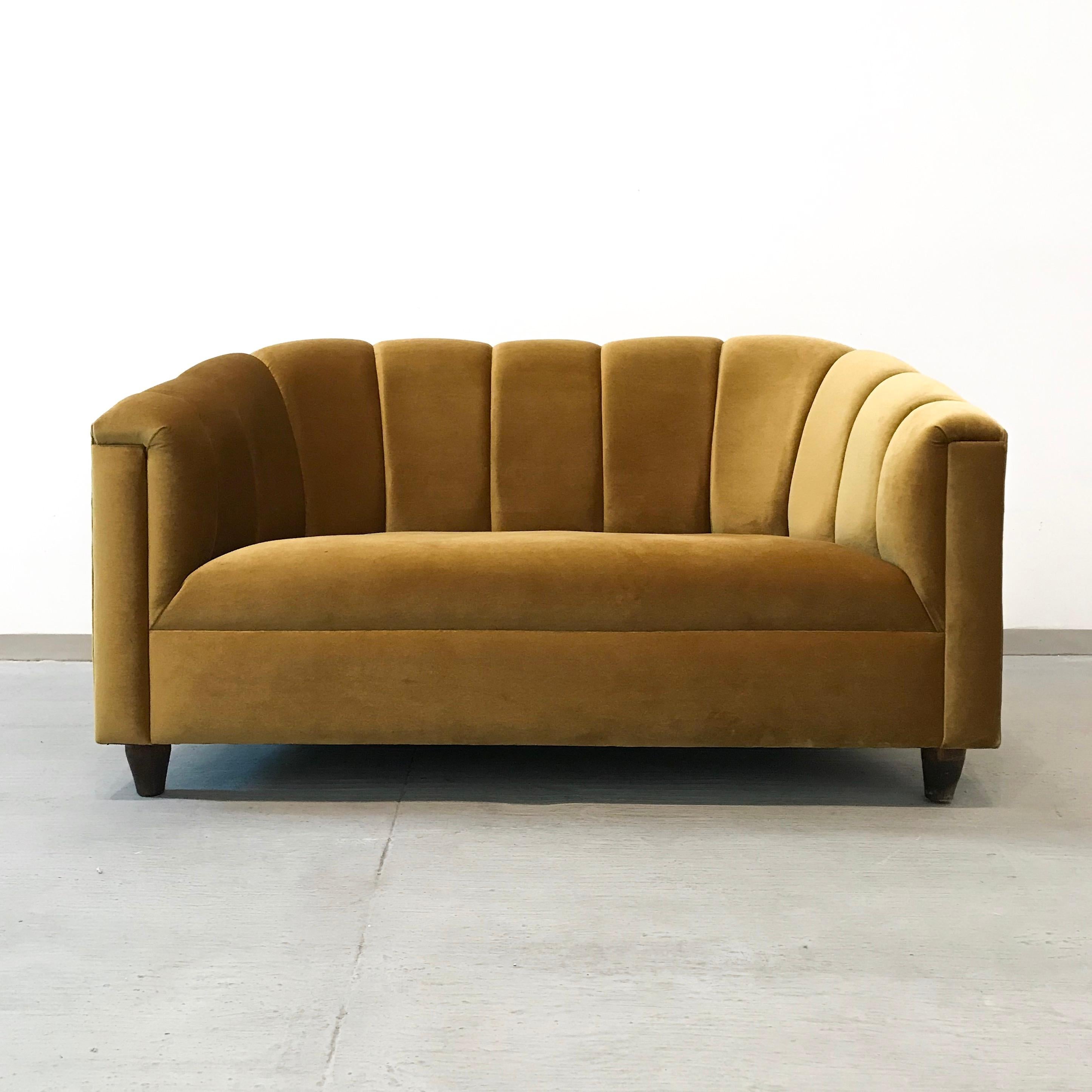 Art Deco Style loveseat, golden velvet, by Watt Studio.