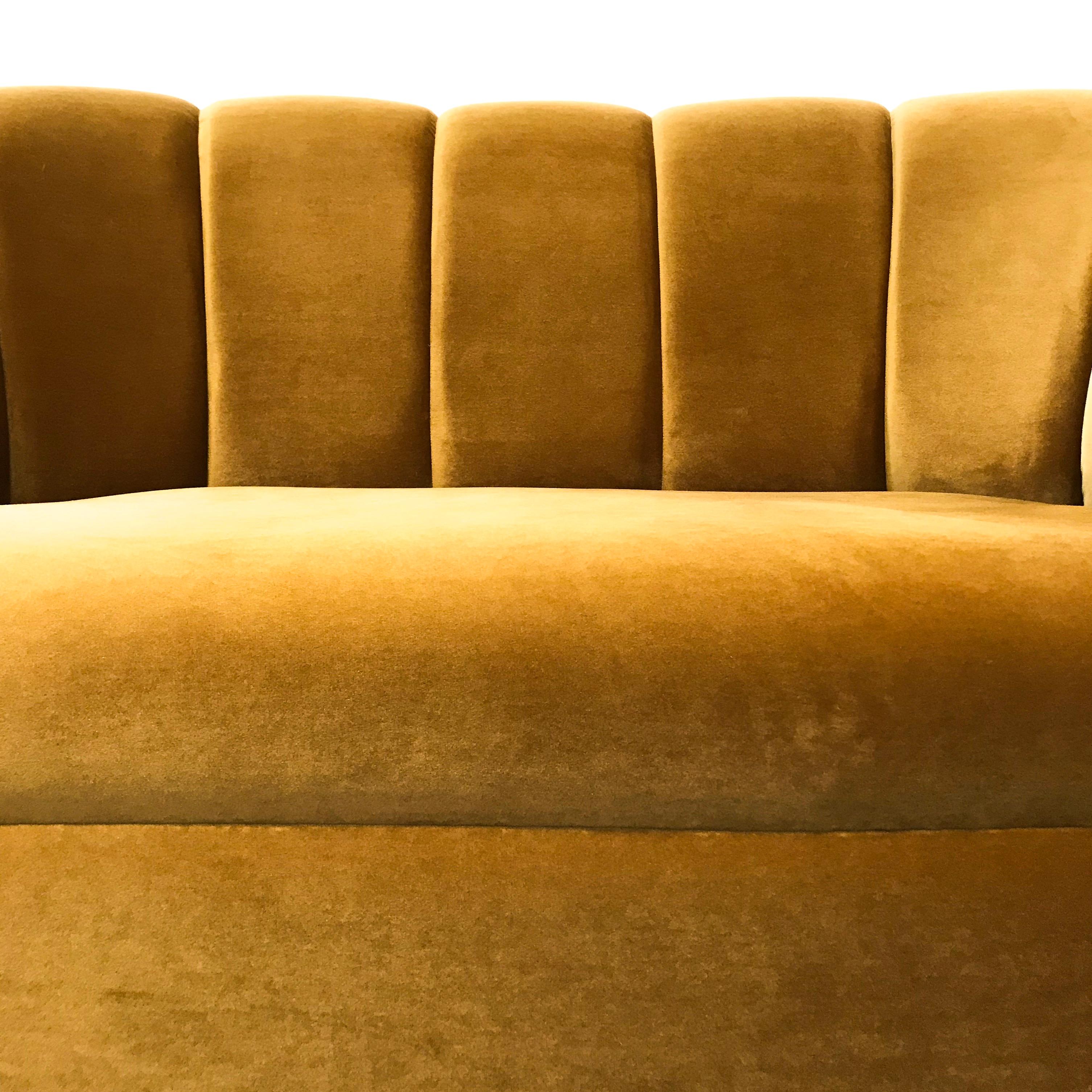 Mexican Art Deco Style Loveseat, Golden Velvet, by Watt Studio For Sale