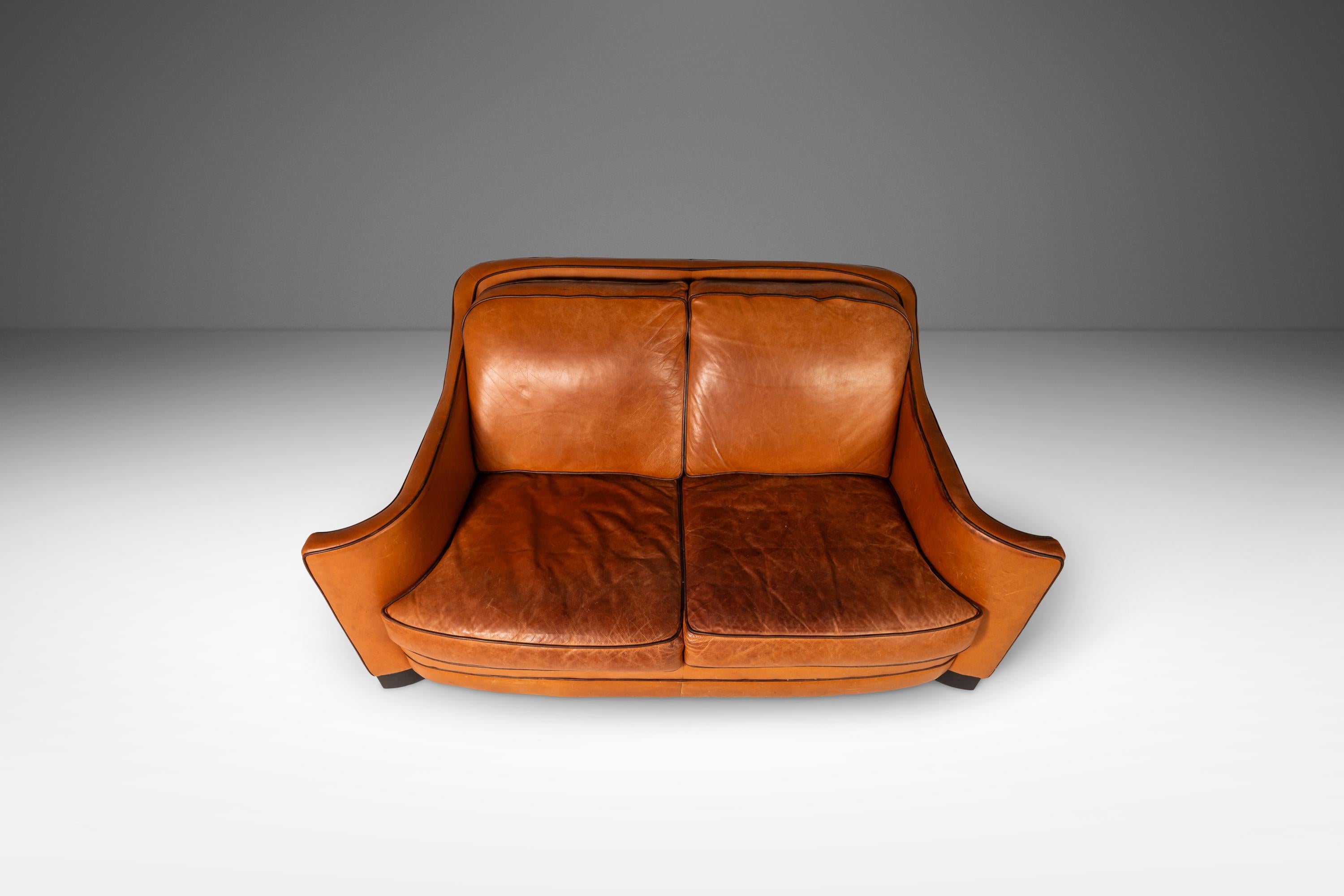 Art Deco Loveseat Sofa with Sculptural Arms in Patinaed Leather, USA, c. 1970s For Sale 11