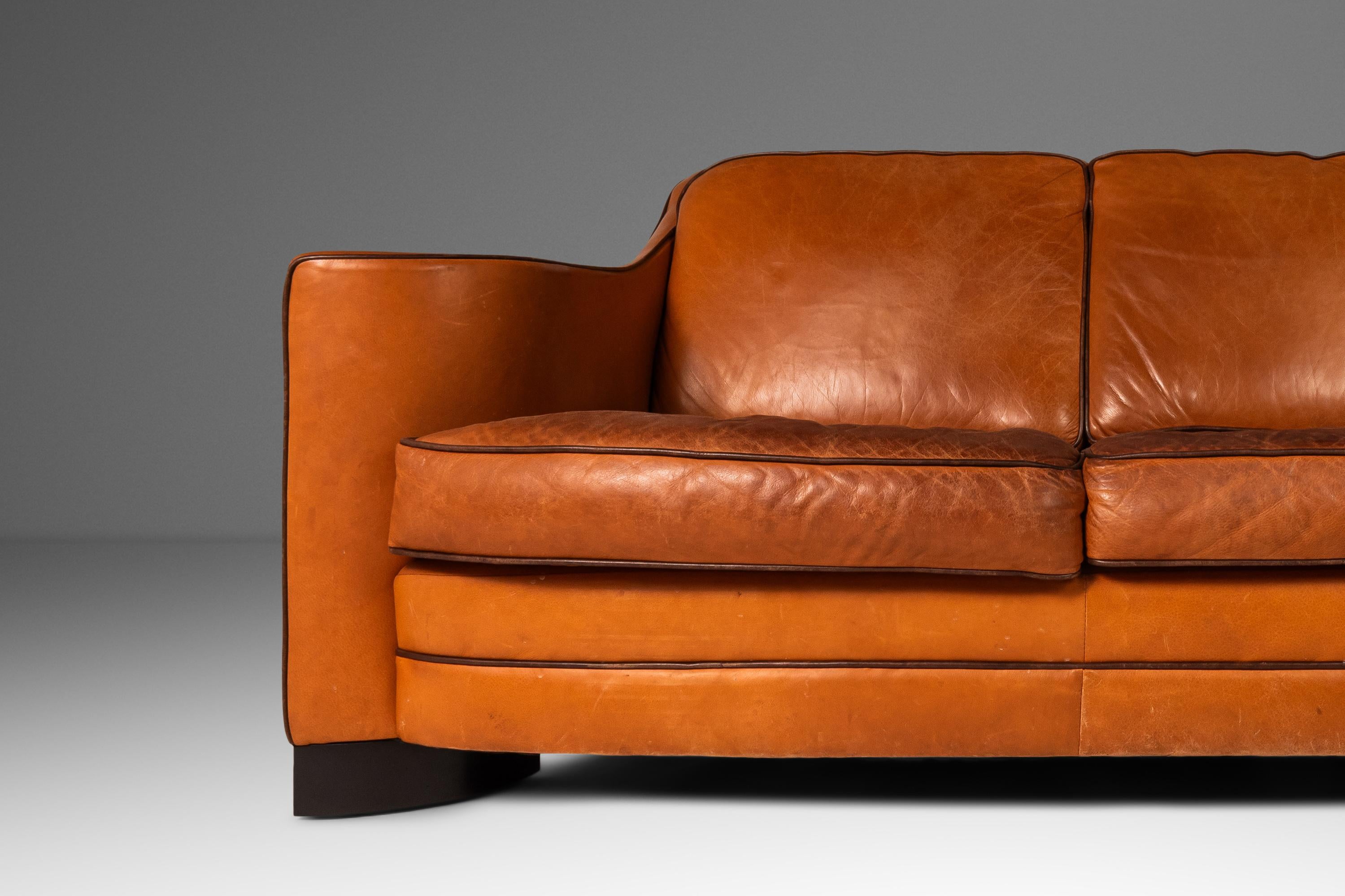 Art Deco Loveseat Sofa with Sculptural Arms in Patinaed Leather, USA, c. 1970s For Sale 12