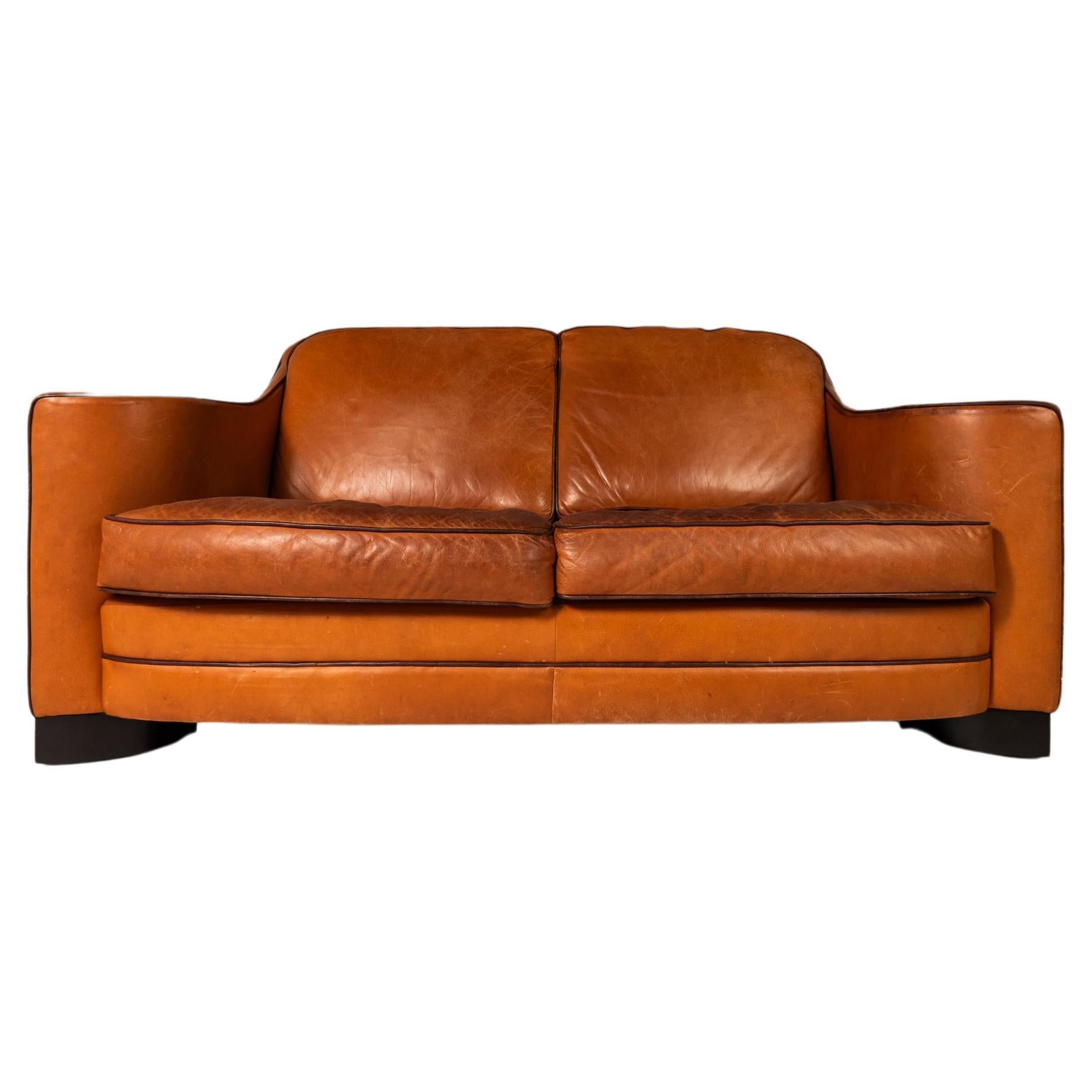 Art Deco Loveseat Sofa with Sculptural Arms in Patinaed Leather, USA, c. 1970s