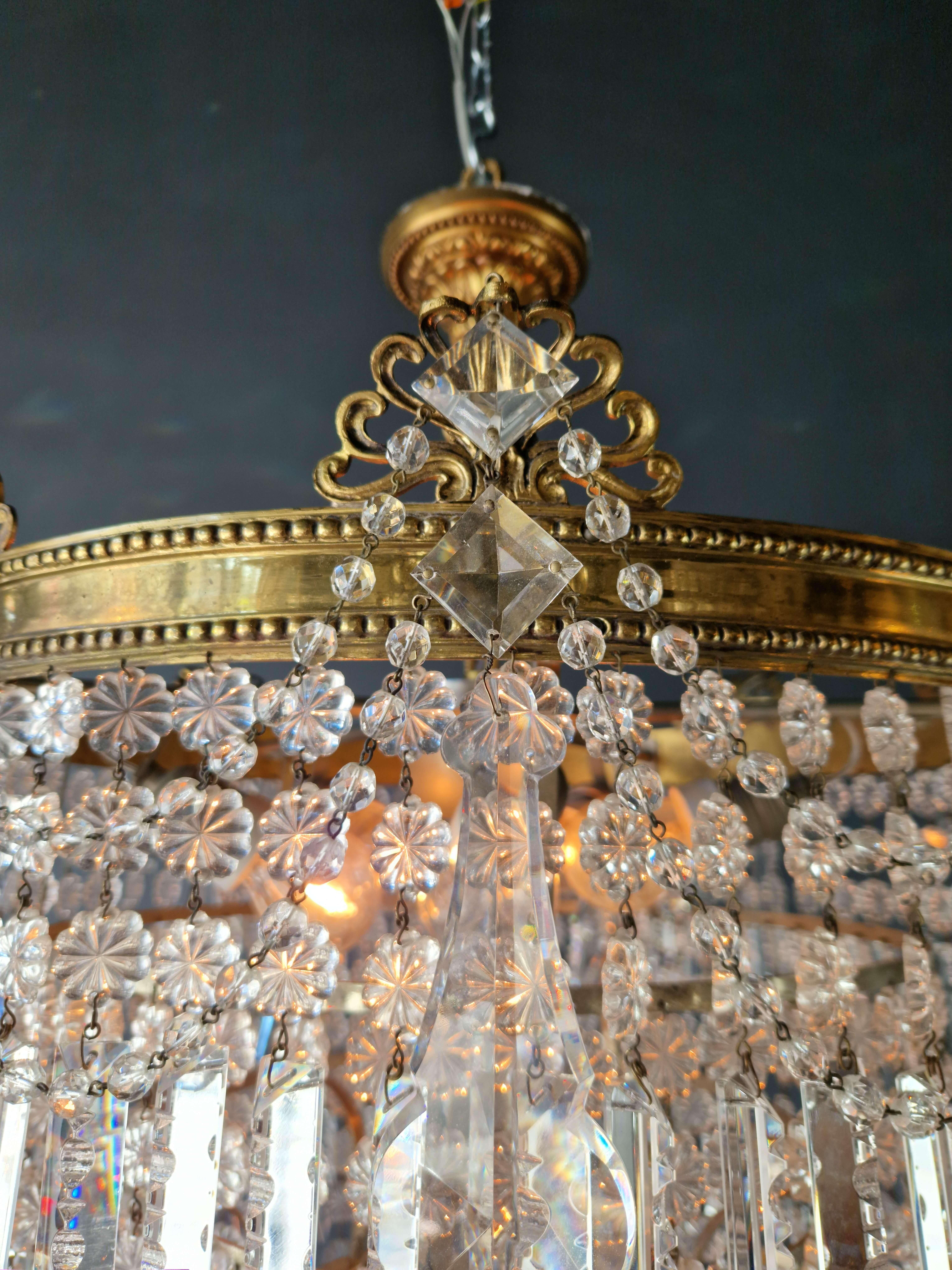 Art Deco Low Plafonnier Brass Crystal Chandelier Lustre Ceiling Lamp Antique 4