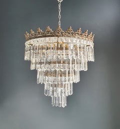 Art Deco Low Plafonnier Brass Crystal Chandelier Lustre Ceiling Lamp Antique