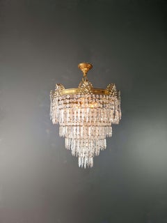 Art Deco Low Plafonnier Brass Crystal Chandelier Lustre Ceiling Lamp Antique