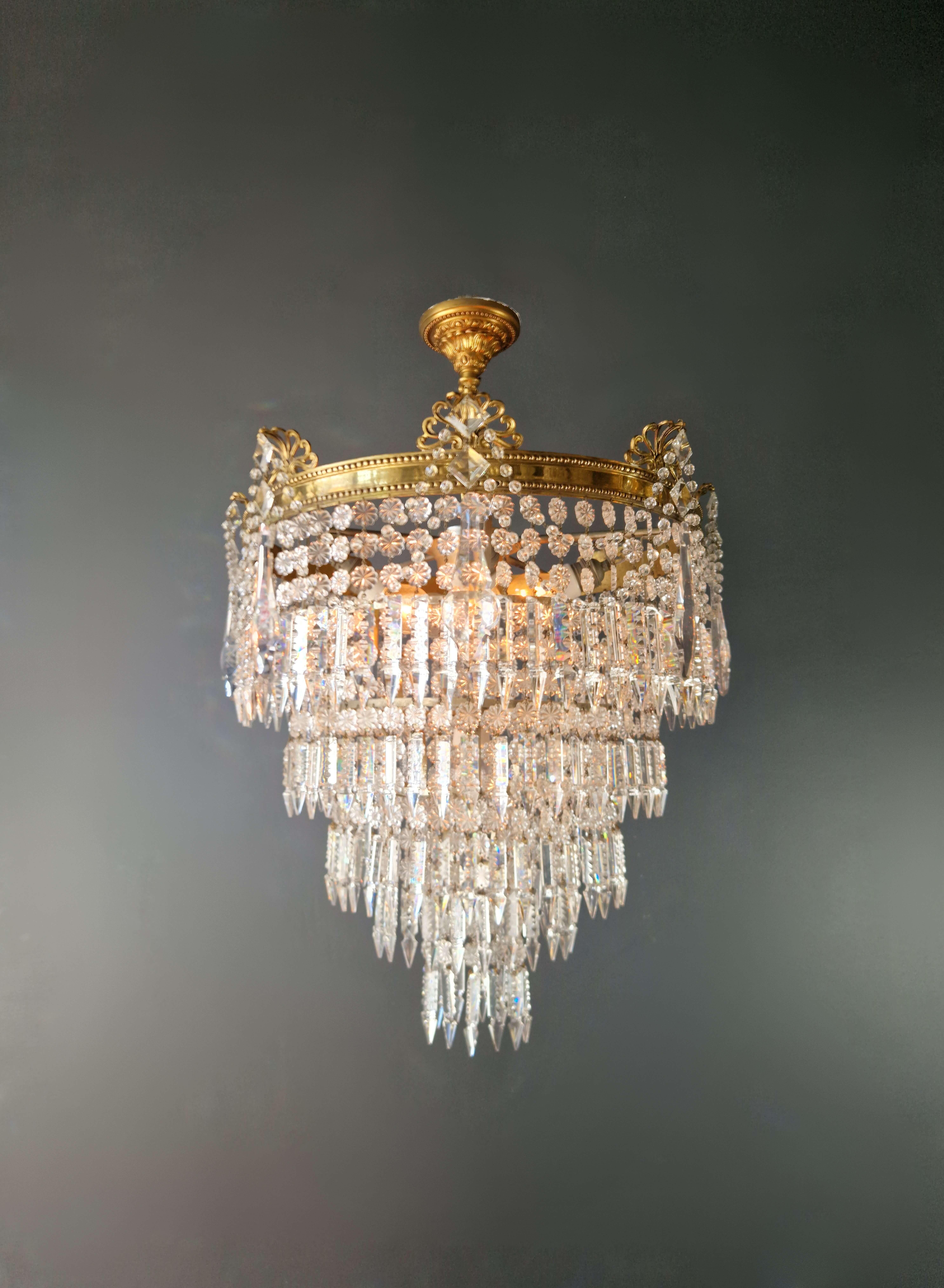 Italian Art Deco Low Plafonnier Brass Crystal Chandelier Lustre Ceiling Lamp Antique For Sale