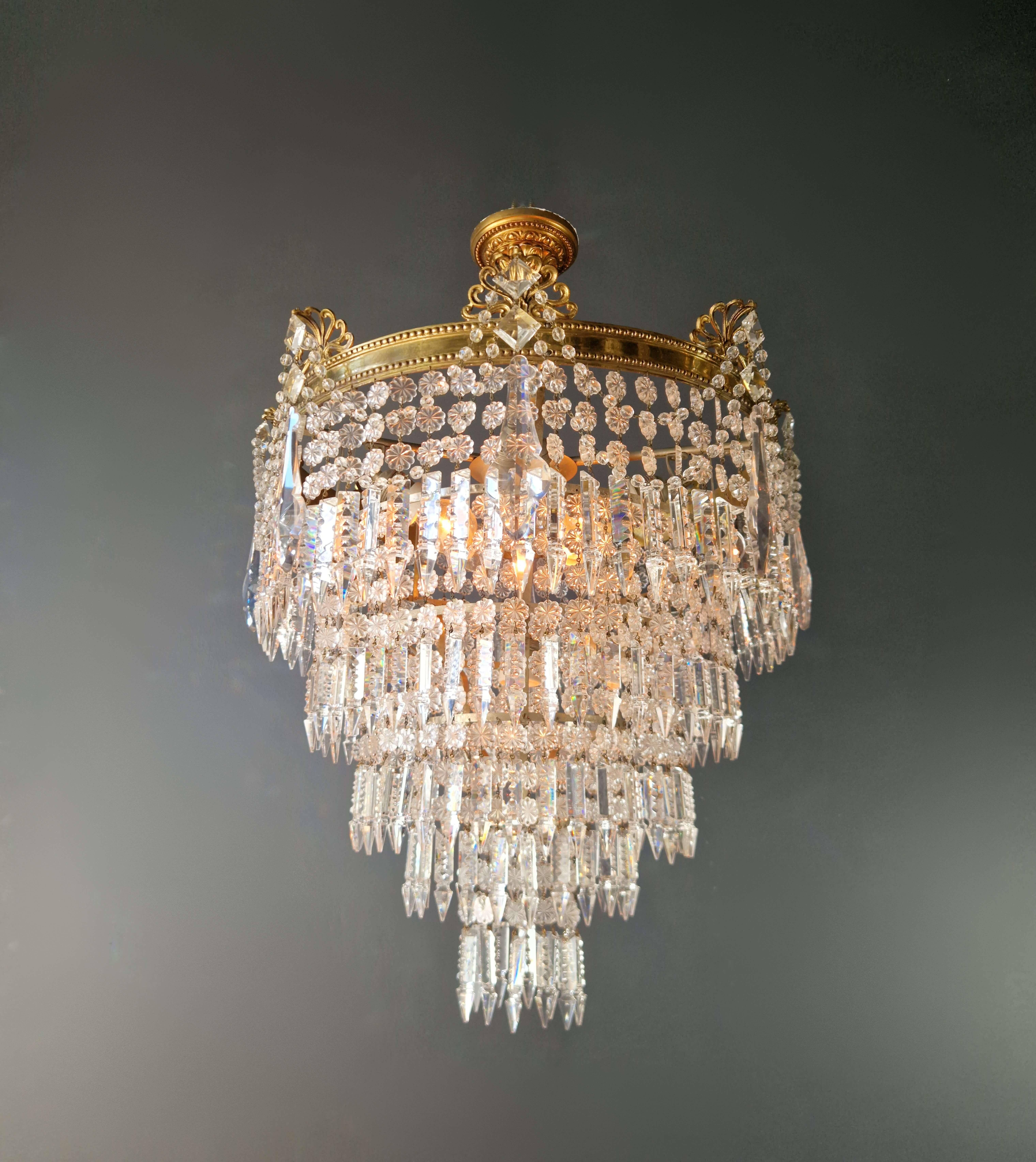 Hand-Knotted Art Deco Low Plafonnier Brass Crystal Chandelier Lustre Ceiling Lamp Antique For Sale