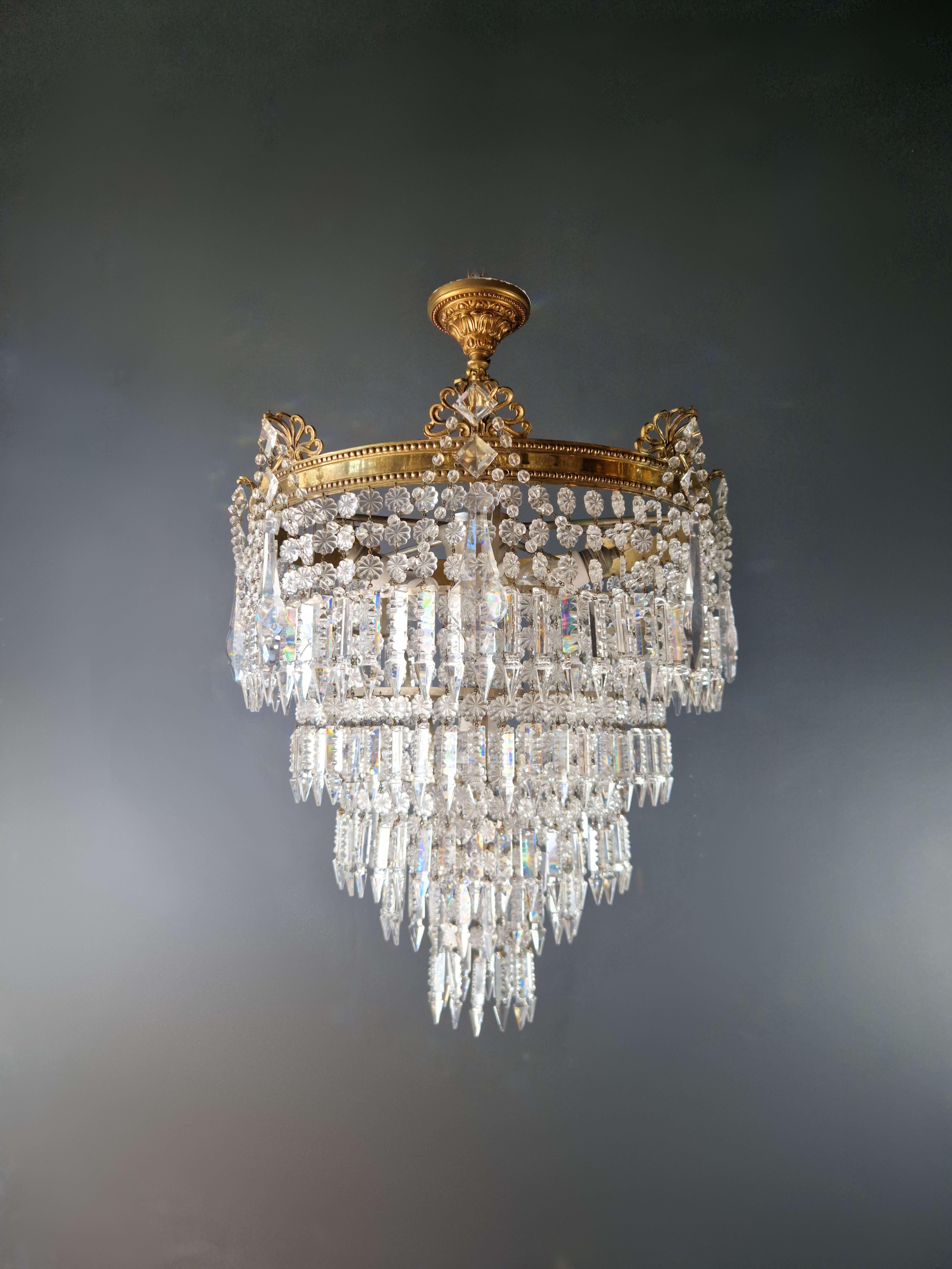 Art Deco Low Plafonnier Brass Crystal Chandelier Lustre Ceiling Lamp Antique In Good Condition In Berlin, DE
