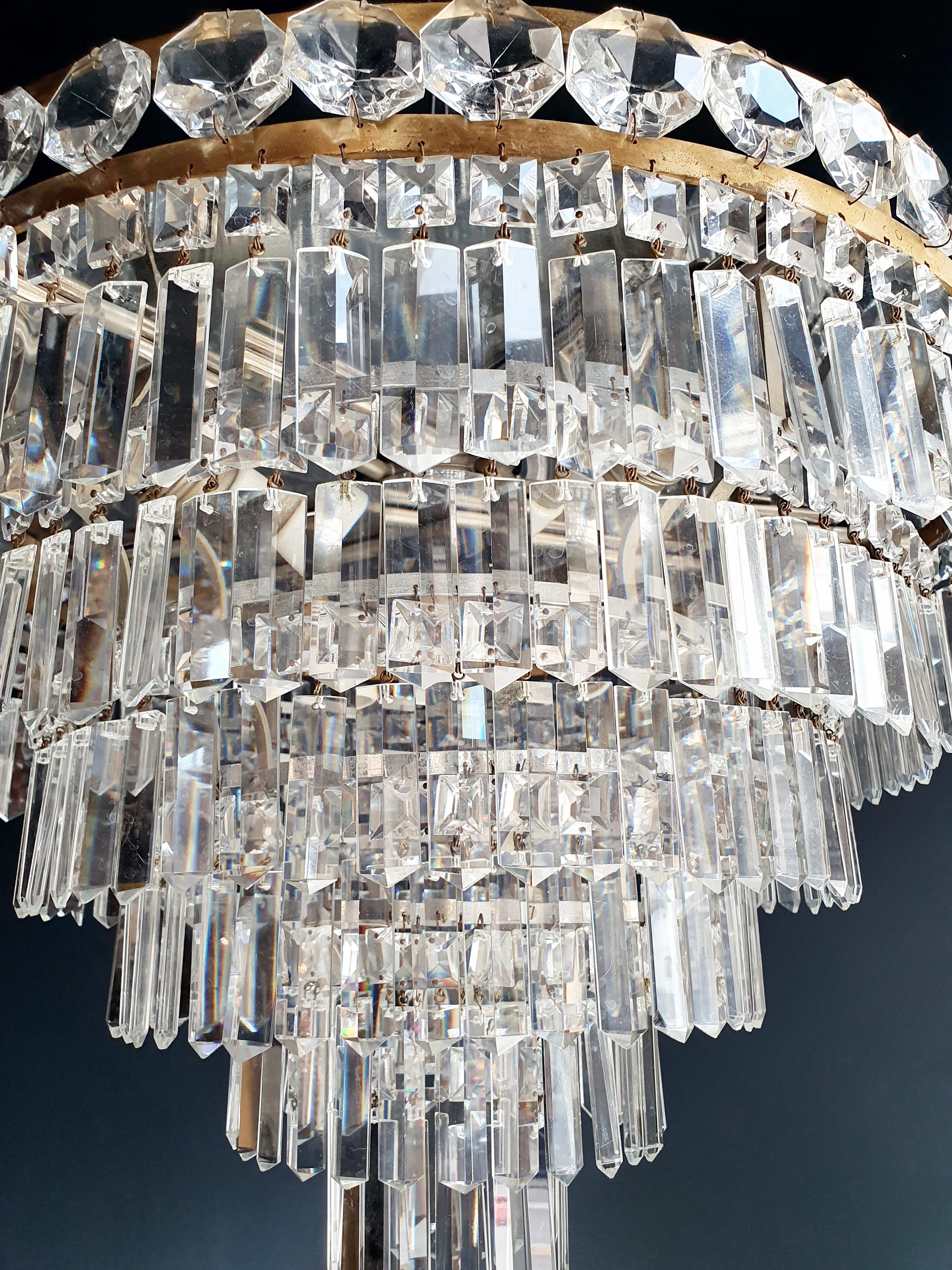 European Art Deco Low Plafonnier Brass Crystal Chandelier Lustre Ceiling Lamp Antique
