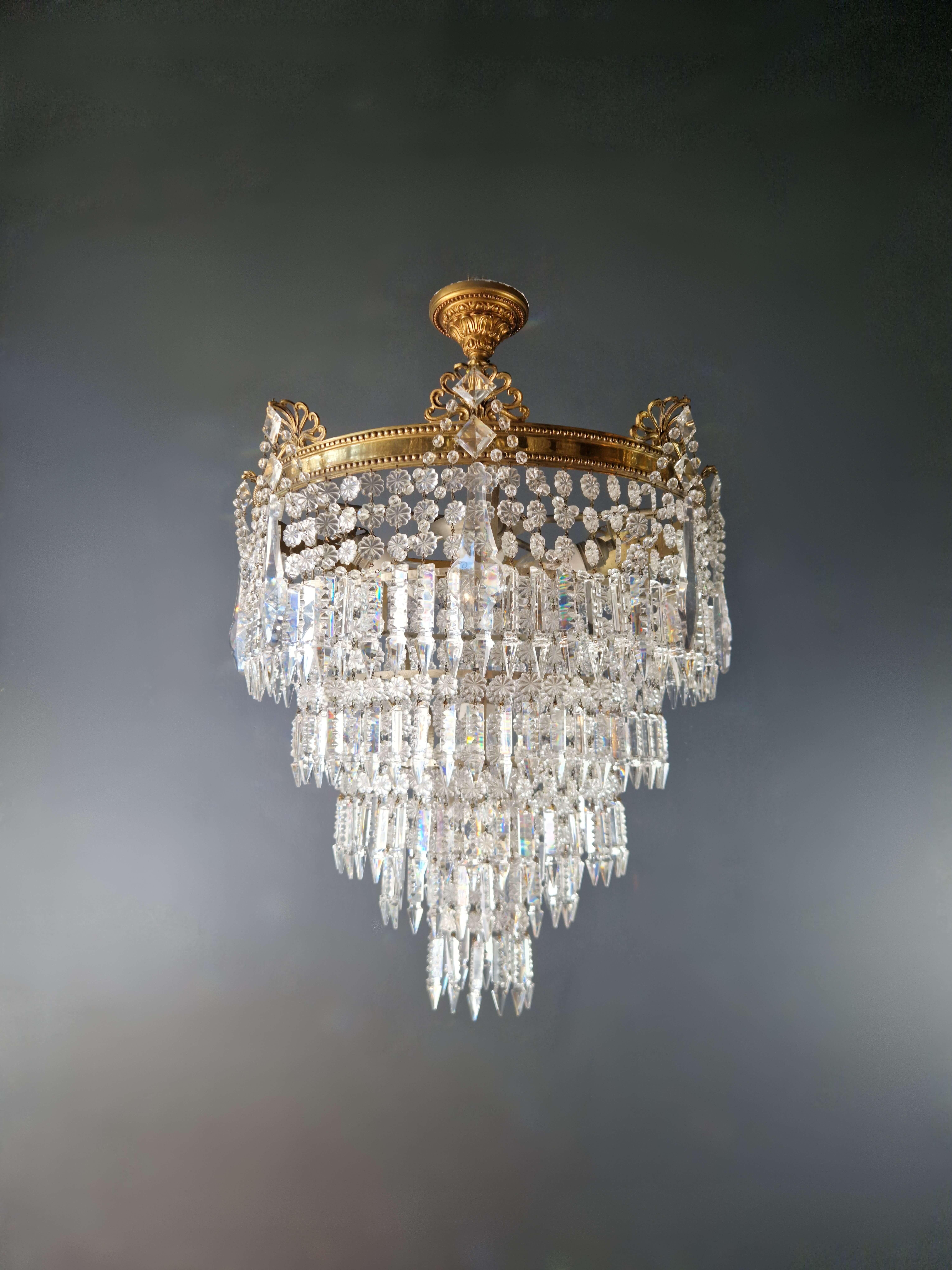 Mid-20th Century Art Deco Low Plafonnier Brass Crystal Chandelier Lustre Ceiling Lamp Antique