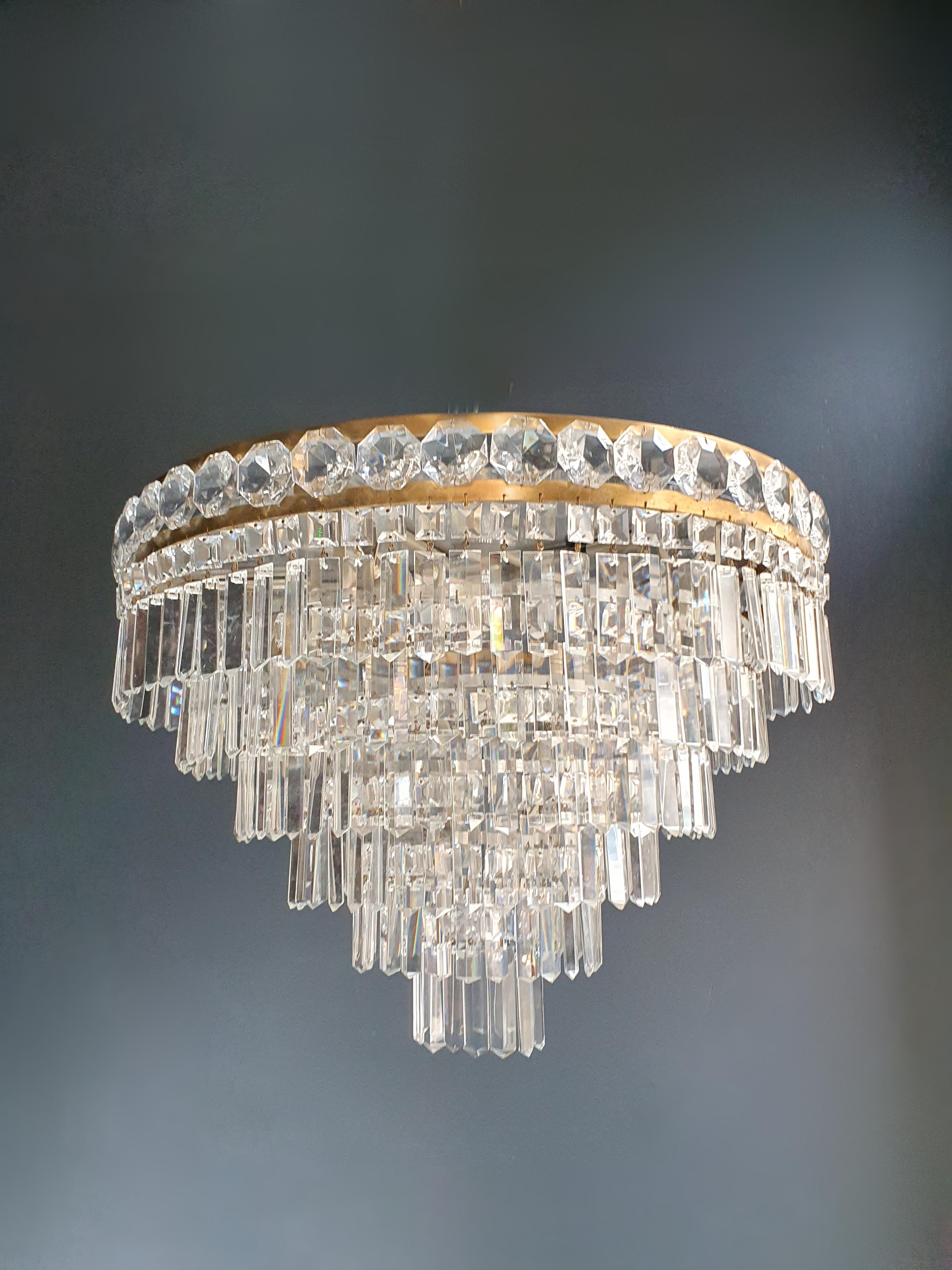 Hand-Knotted Art Deco Low Plafonnier Brass Crystal Chandelier Lustre Ceiling Lamp Antique