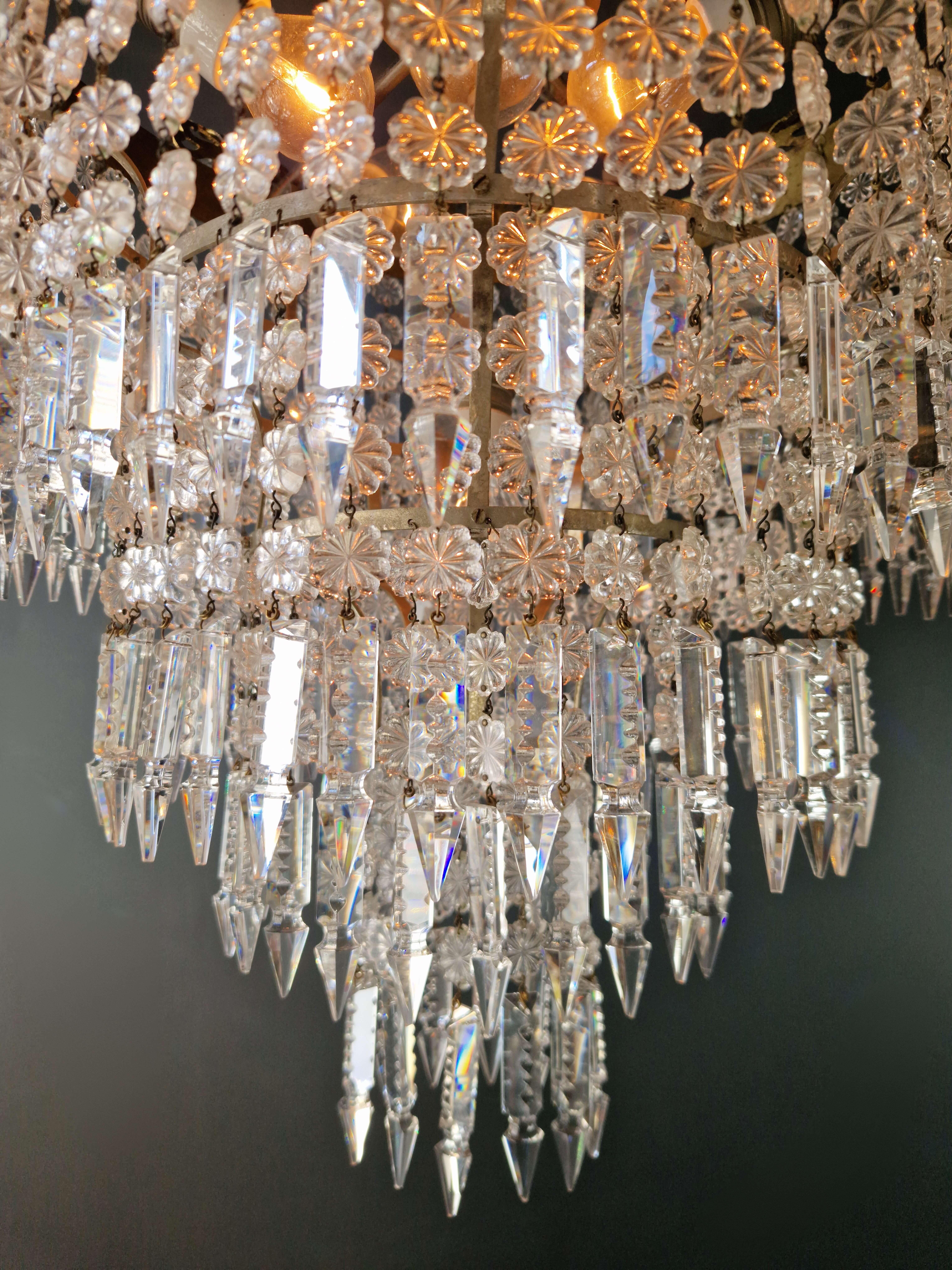 Art Deco Low Plafonnier Brass Crystal Chandelier Lustre Ceiling Lamp Antique 1