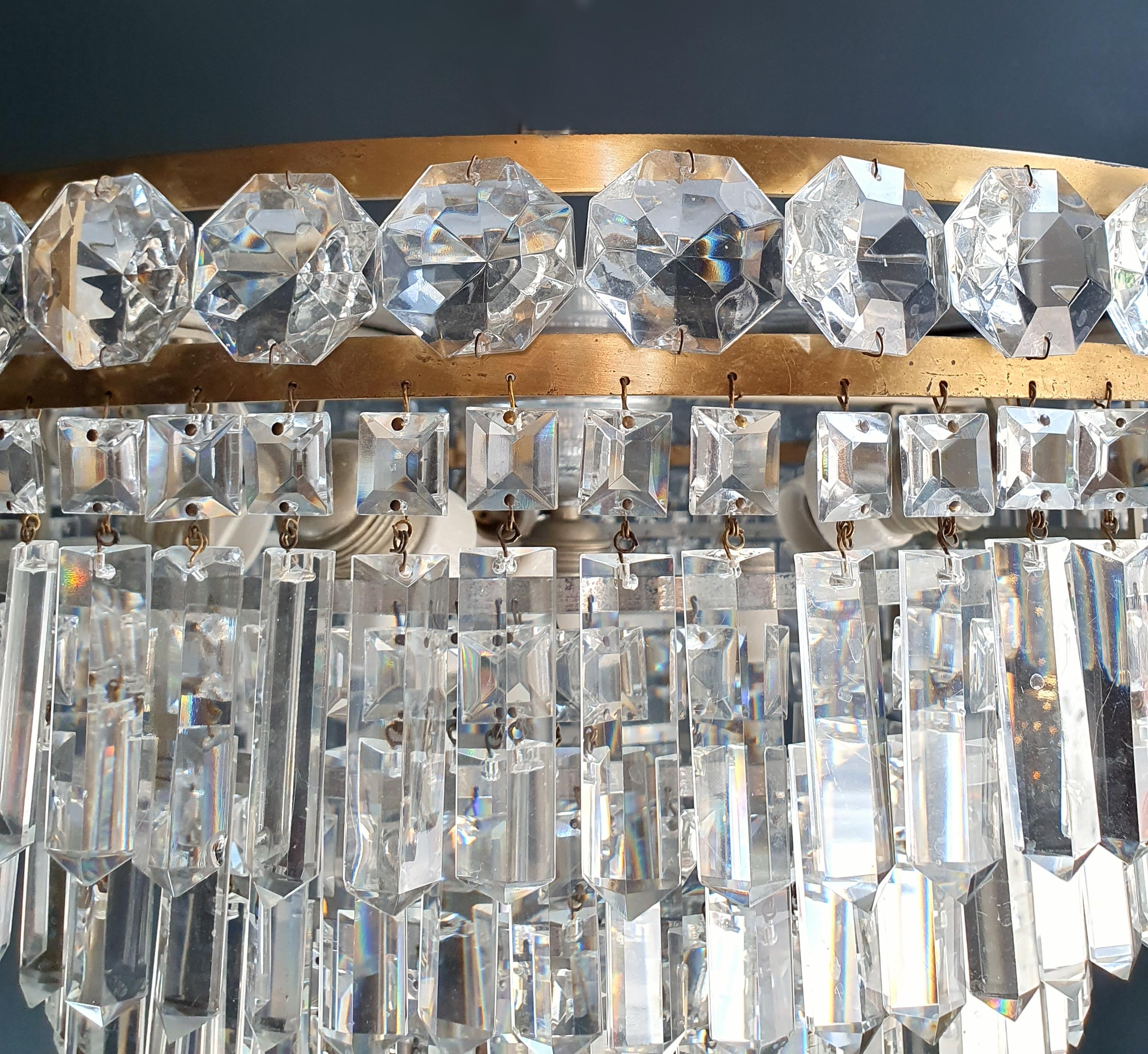 Art Deco Low Plafonnier Brass Crystal Chandelier Lustre Ceiling Lamp Antique In Good Condition In Berlin, DE