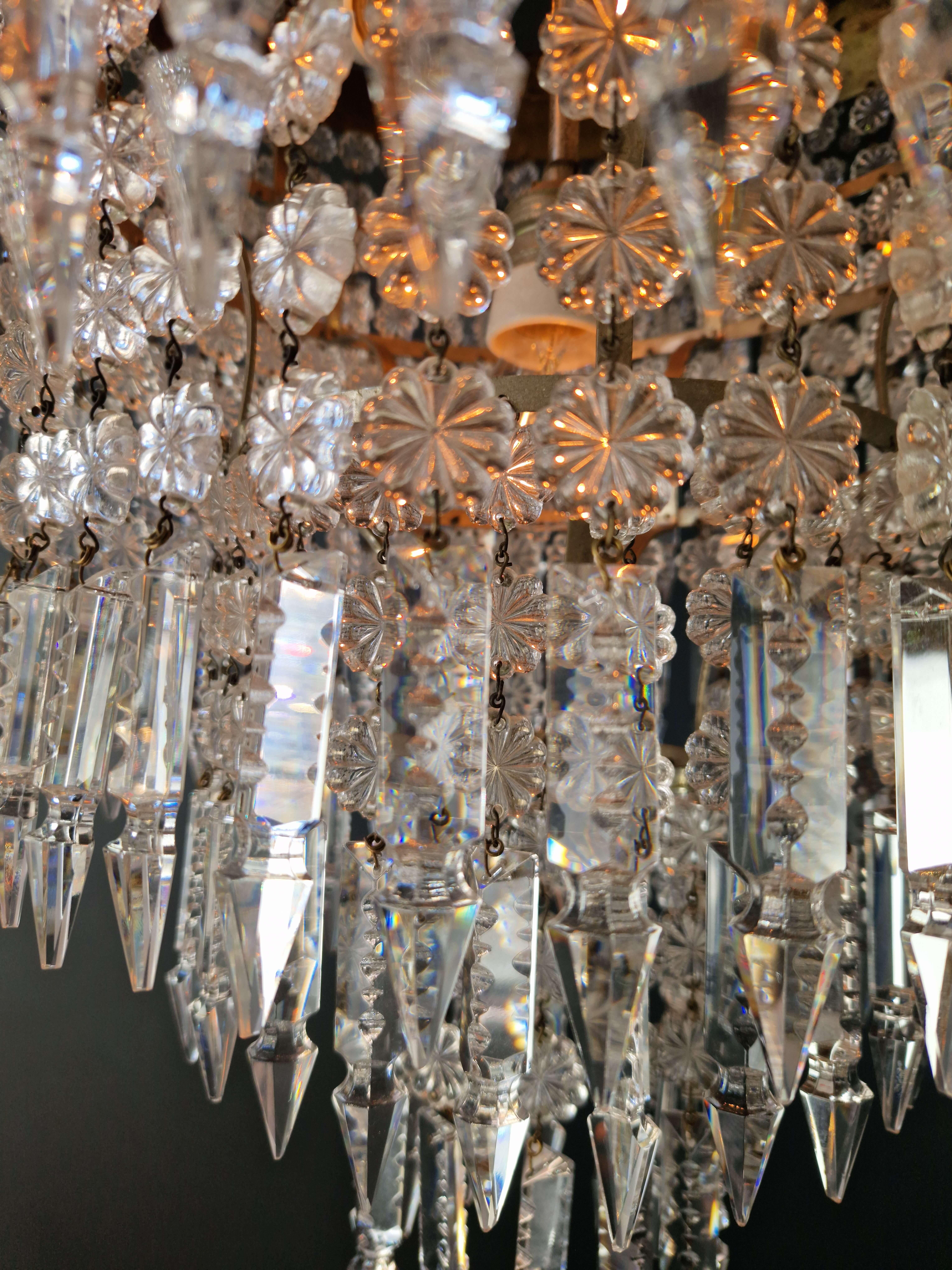 Art Deco Low Plafonnier Brass Crystal Chandelier Lustre Ceiling Lamp Antique For Sale 2