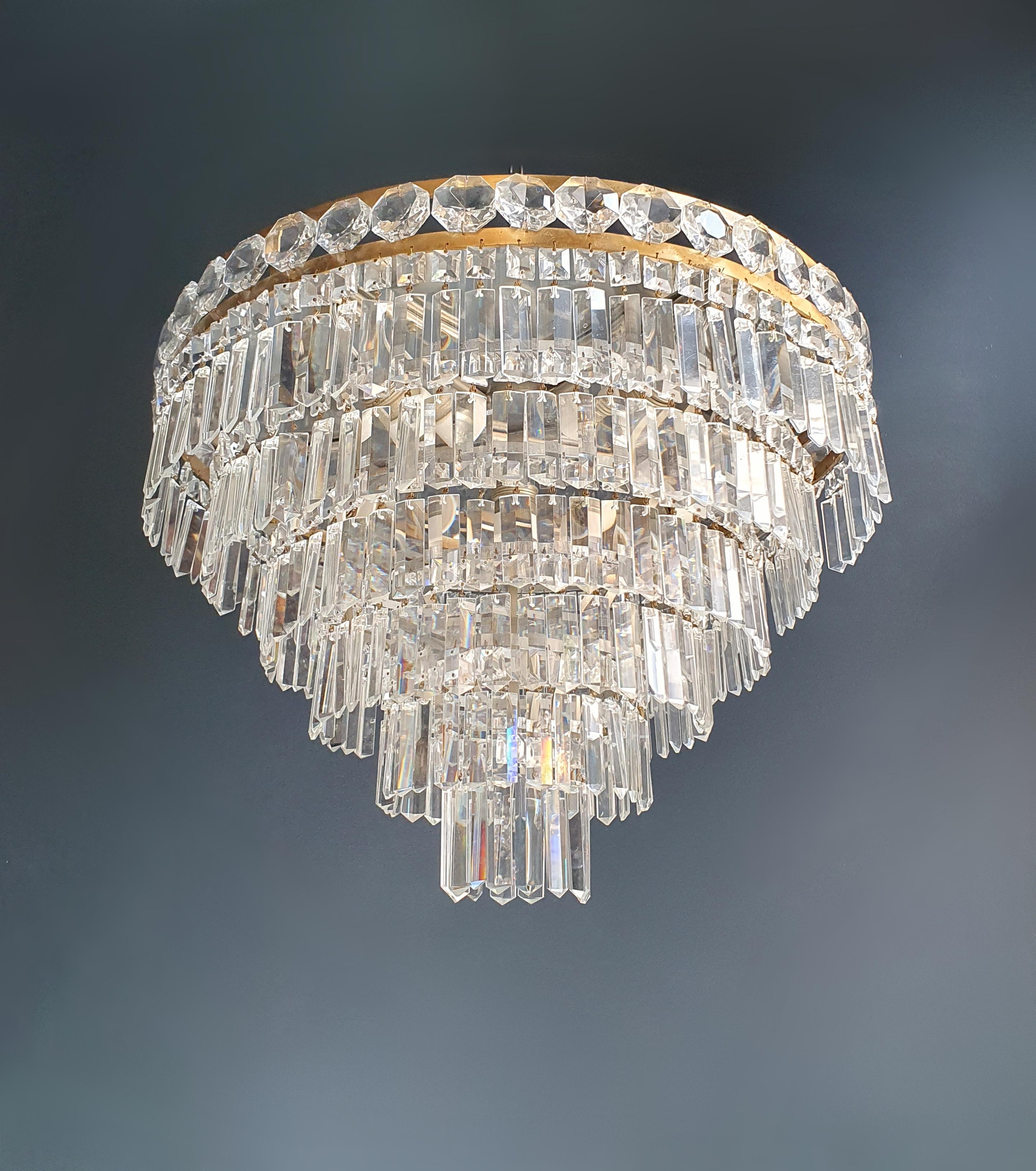 Mid-20th Century Art Deco Low Plafonnier Brass Crystal Chandelier Lustre Ceiling Lamp Antique