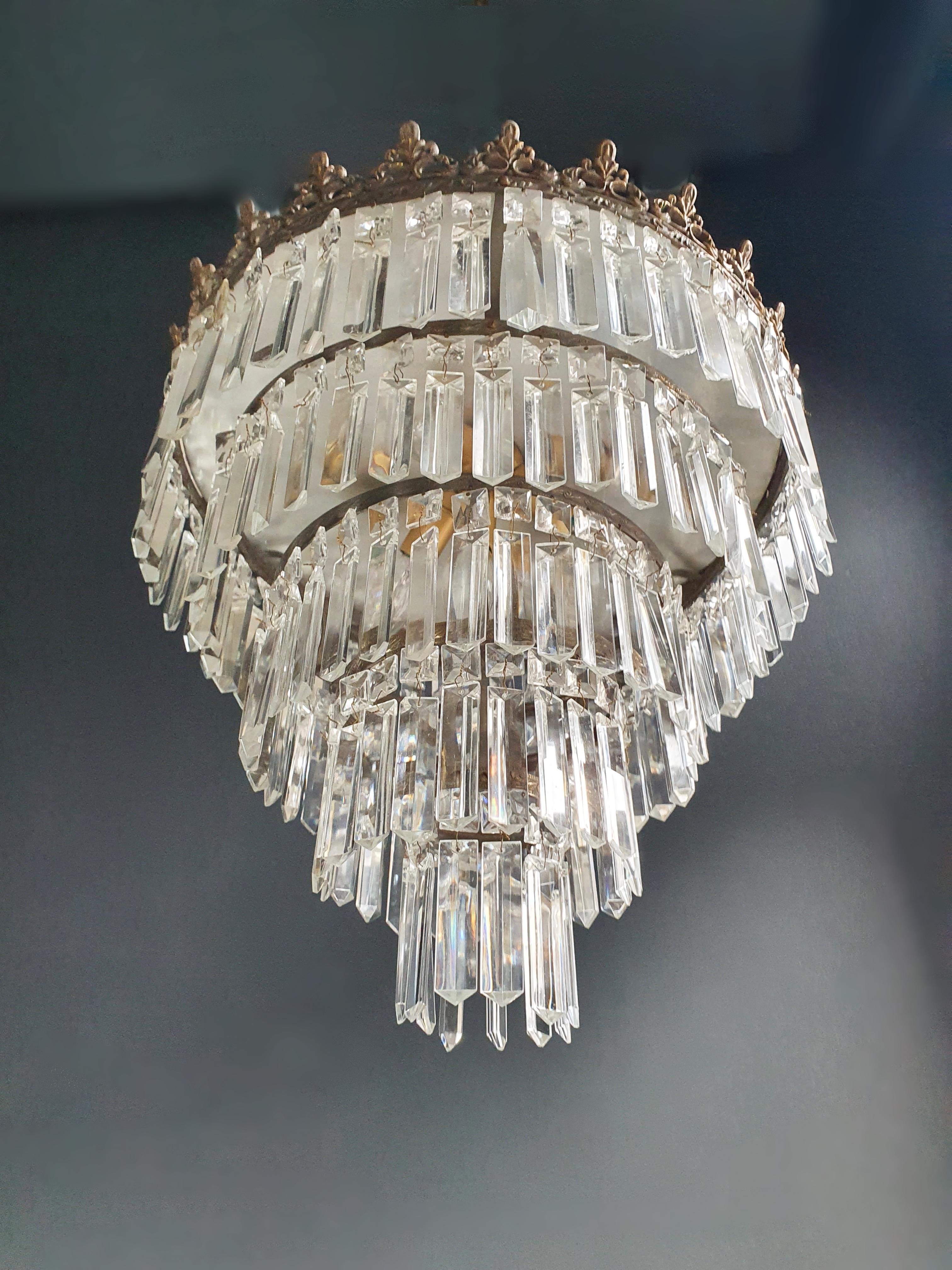 Mid-20th Century Art Deco Low Plafonnier Brass Crystal Chandelier Lustre Ceiling Lamp Antique