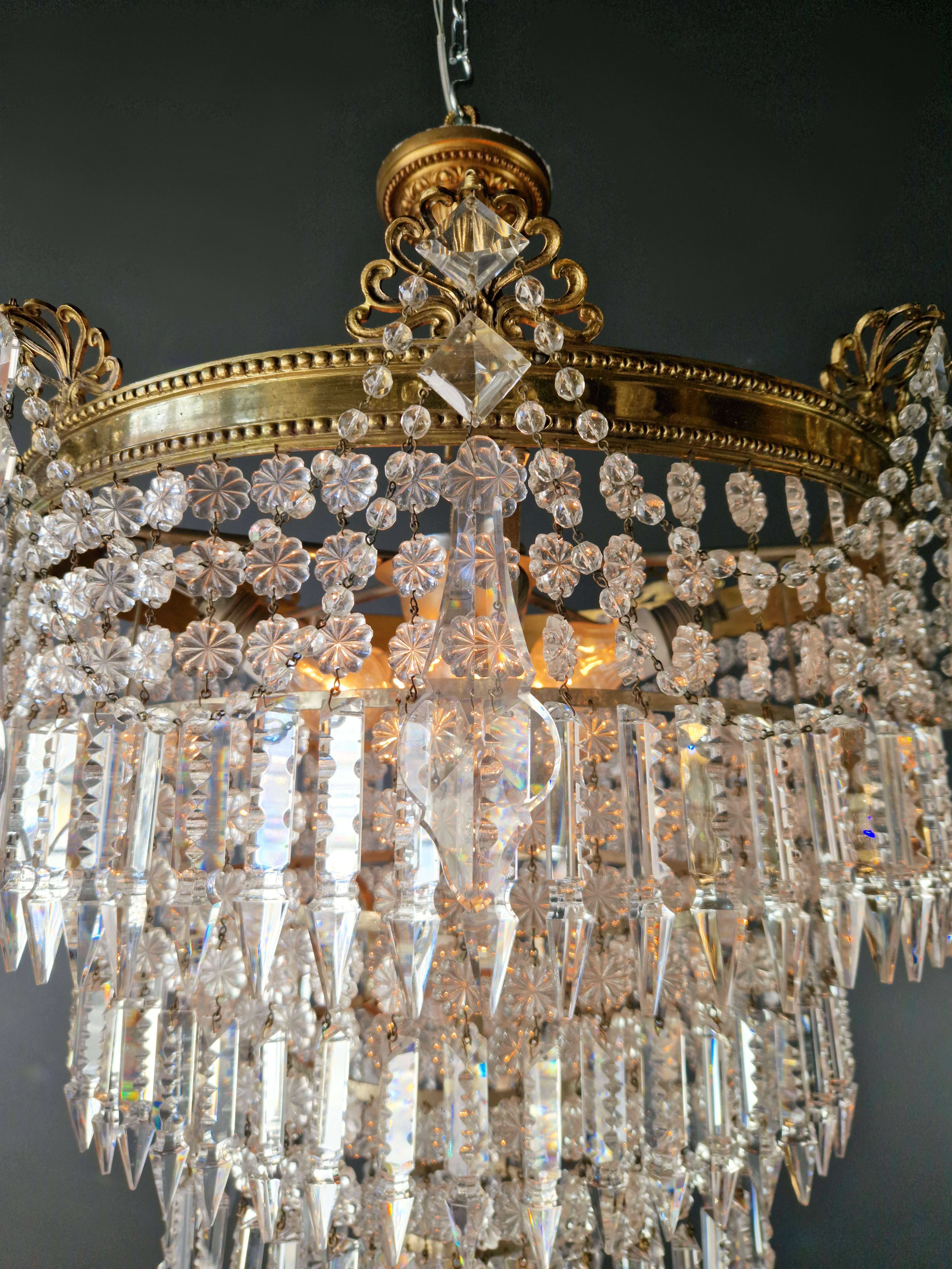 Art Deco Low Plafonnier Brass Crystal Chandelier Lustre Ceiling Lamp Antique 3