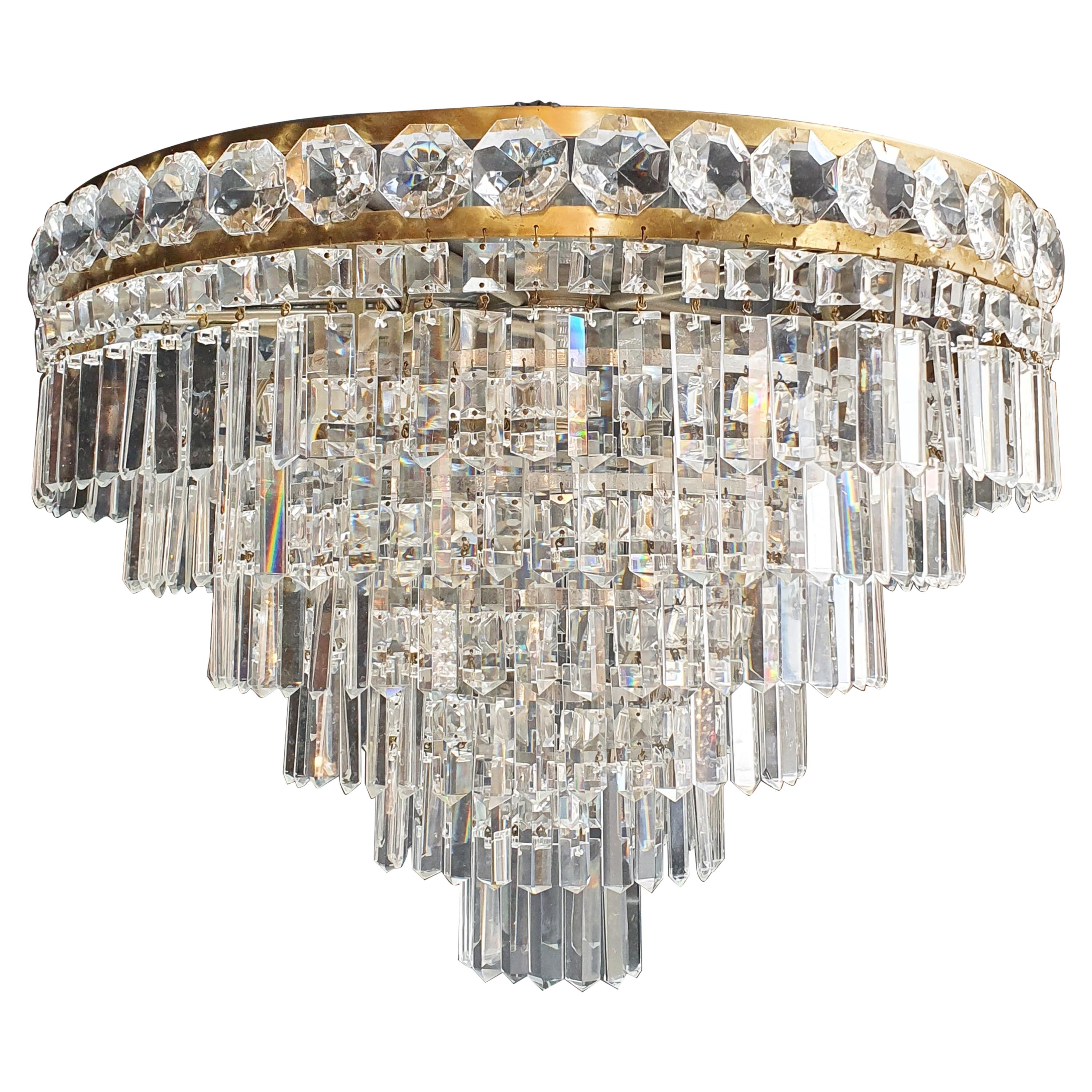 Art Deco Low Plafonnier Brass Crystal Chandelier Lustre Ceiling Lamp Antique