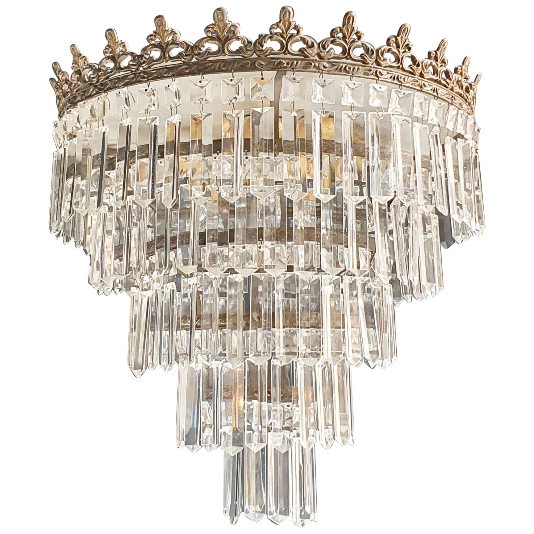 Art Deco Low Plafonnier Brass Crystal Chandelier Lustre Ceiling Lamp Antique