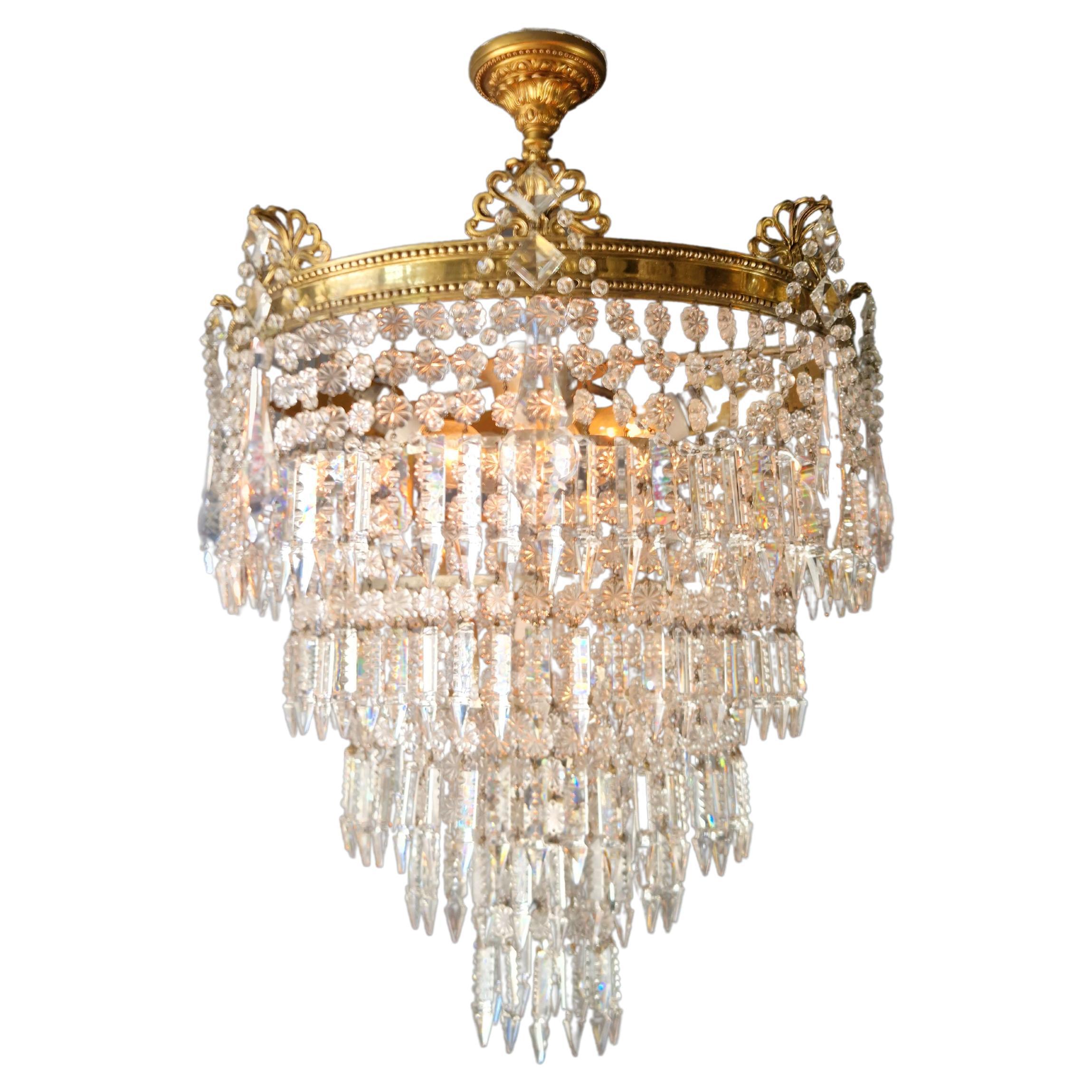 Art Deco Low Plafonnier Brass Crystal Chandelier Lustre Ceiling Lamp Antique For Sale