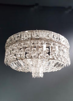 Art Deco Low Plafonnier Silver Crystal Chandelier Lustre Ceiling Lamp Antique