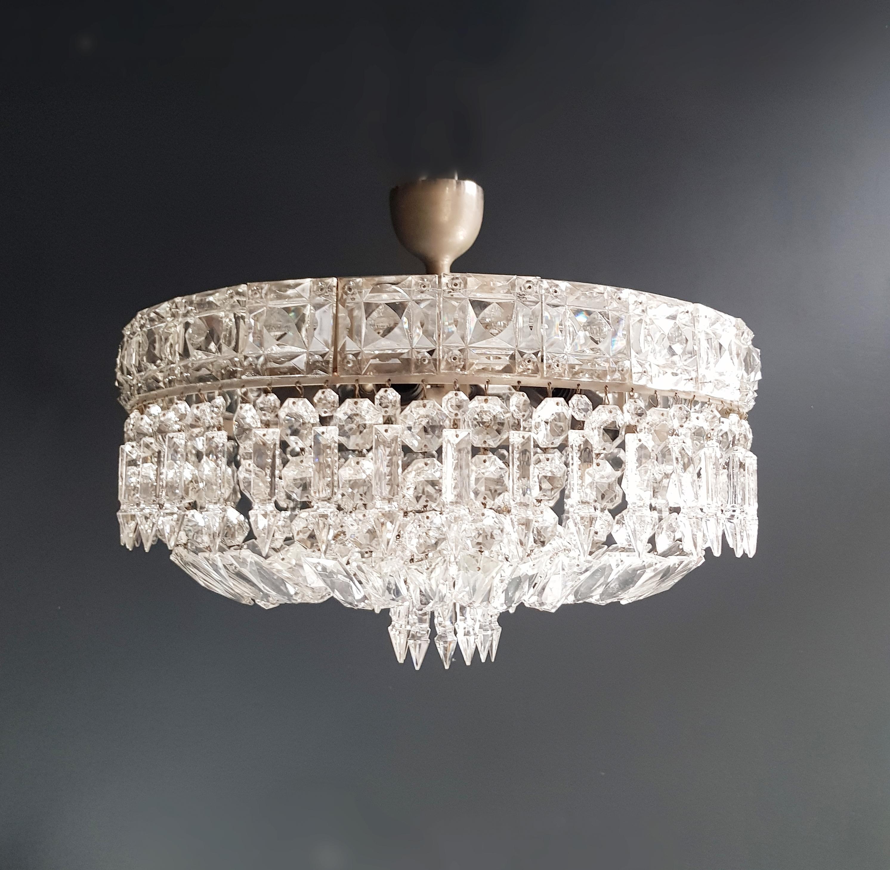 Art Déco Plafonnier basso d'argento Art Deco Lampadario di cristallo Lustre da soffitto Antico in vendita
