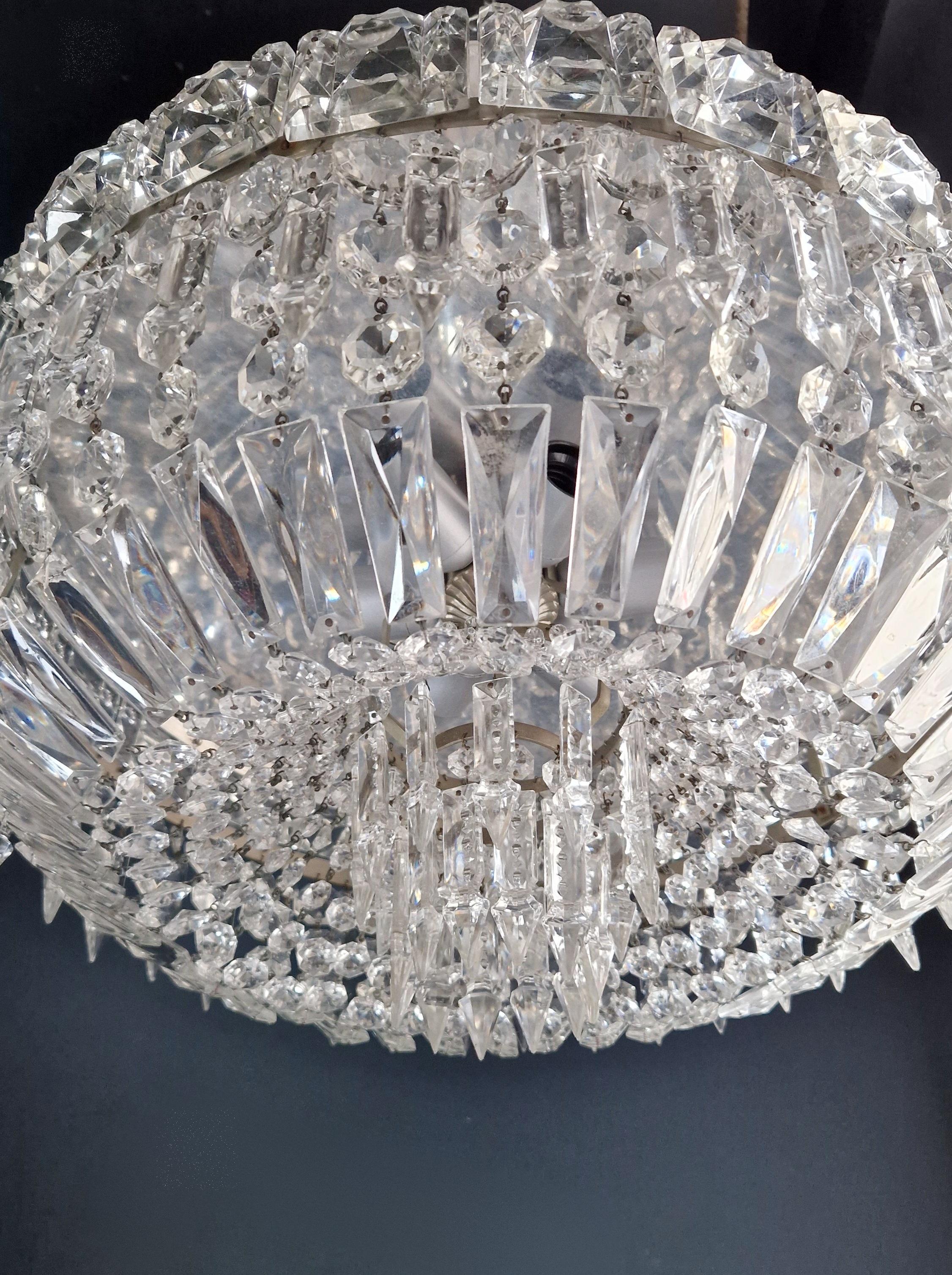 European Art Deco Low Plafonnier Silver Crystal Chandelier Lustre Ceiling Lamp Antique For Sale